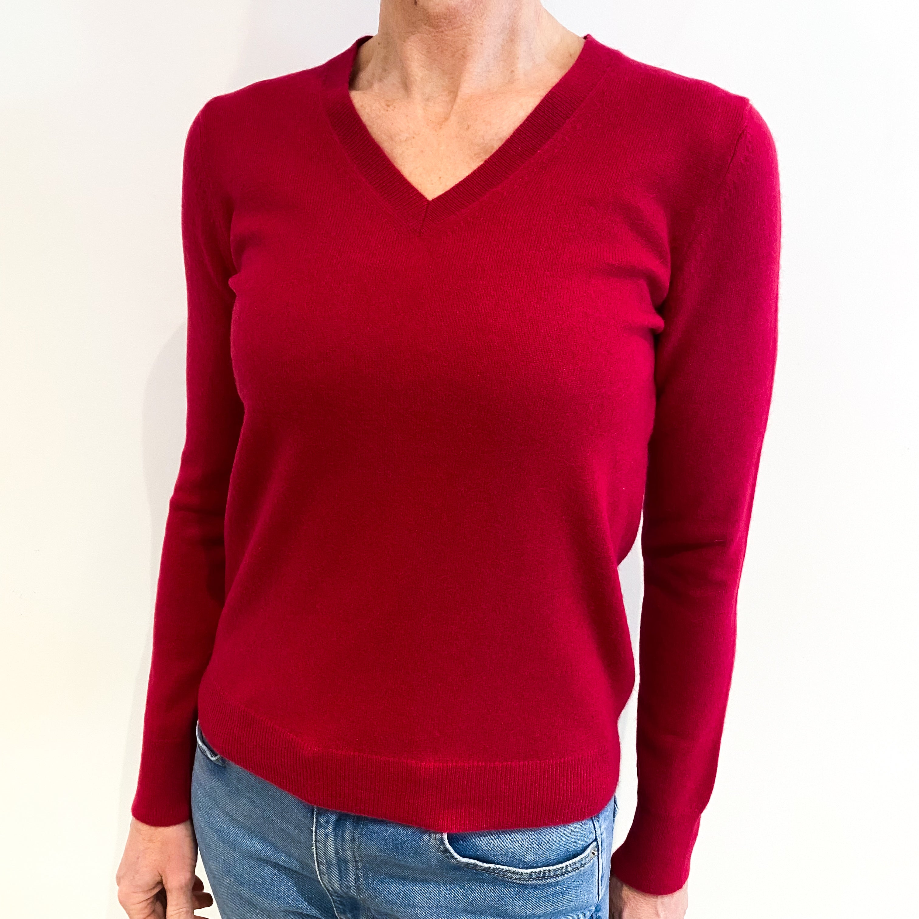 Cherry Red Cashmere V Neck Jumper Small
