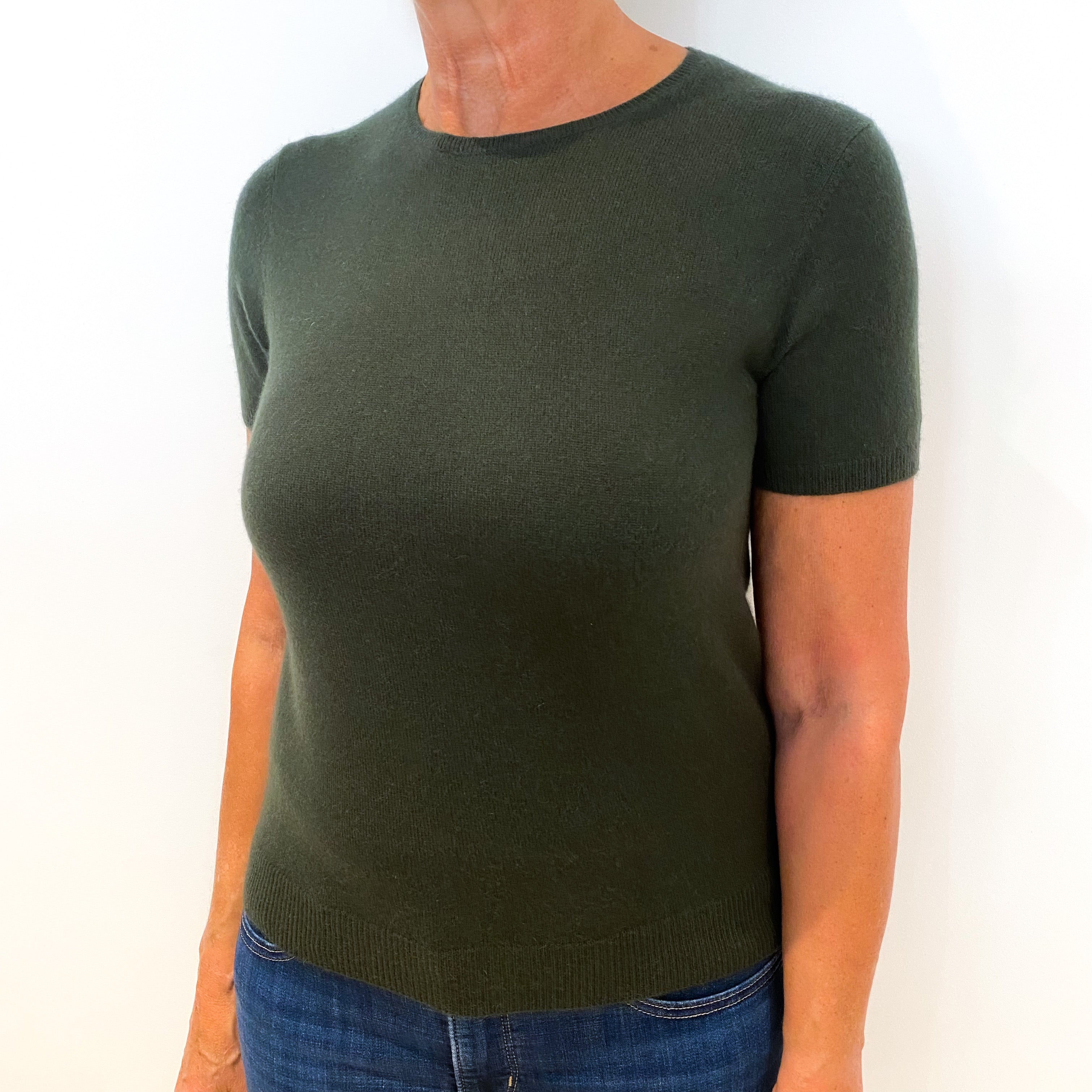 Forest Green Short Sleeved Cashmere Crew Neck Jumper Medium