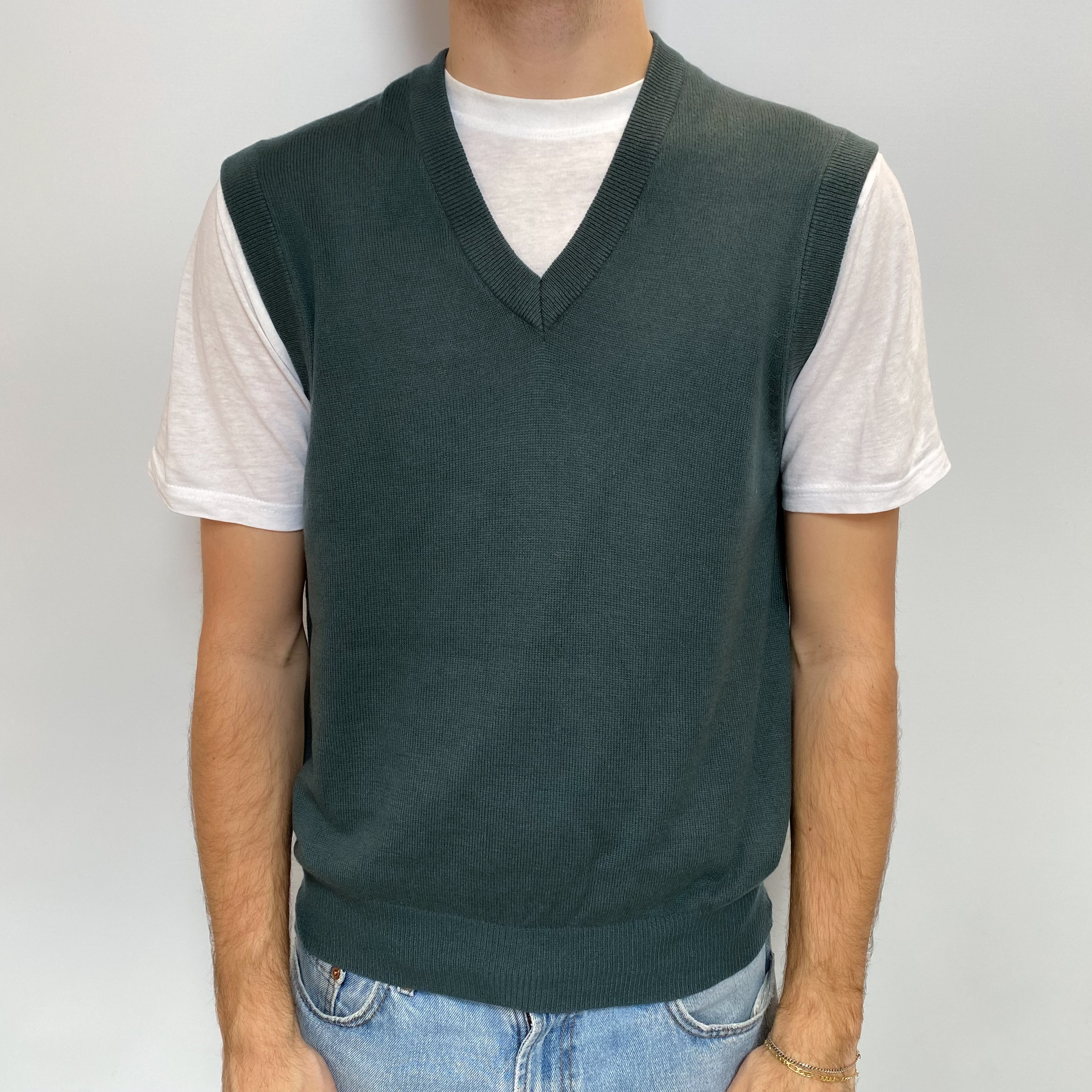 Men's Dusky Green Cashmere V Neck Tank Top Medium