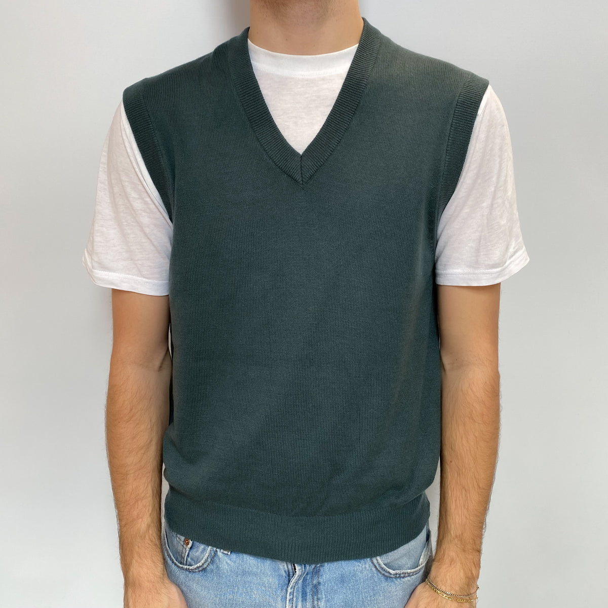 Men's Dusky Green Cashmere V Neck Tank Top Medium