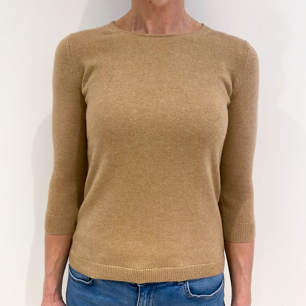 Camel Brown Cashmere Crew Neck Jumper with Back Neck Opening m Small