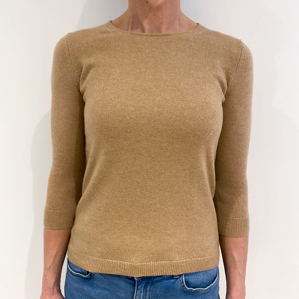 Camel Brown Cashmere Crew Neck Jumper with Back Neck Opening m Small