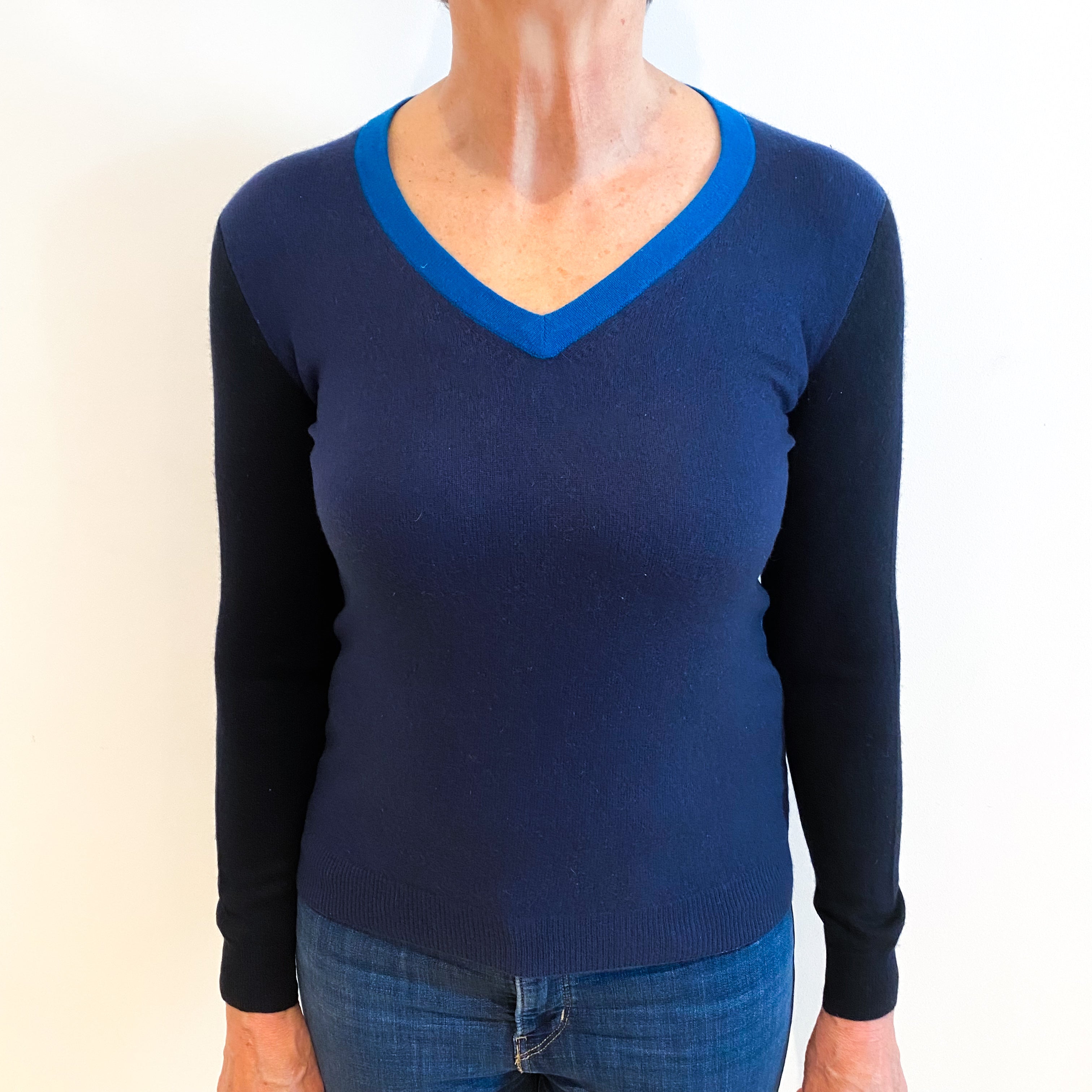Navy Colour Block Cashmere V Neck Jumper Medium