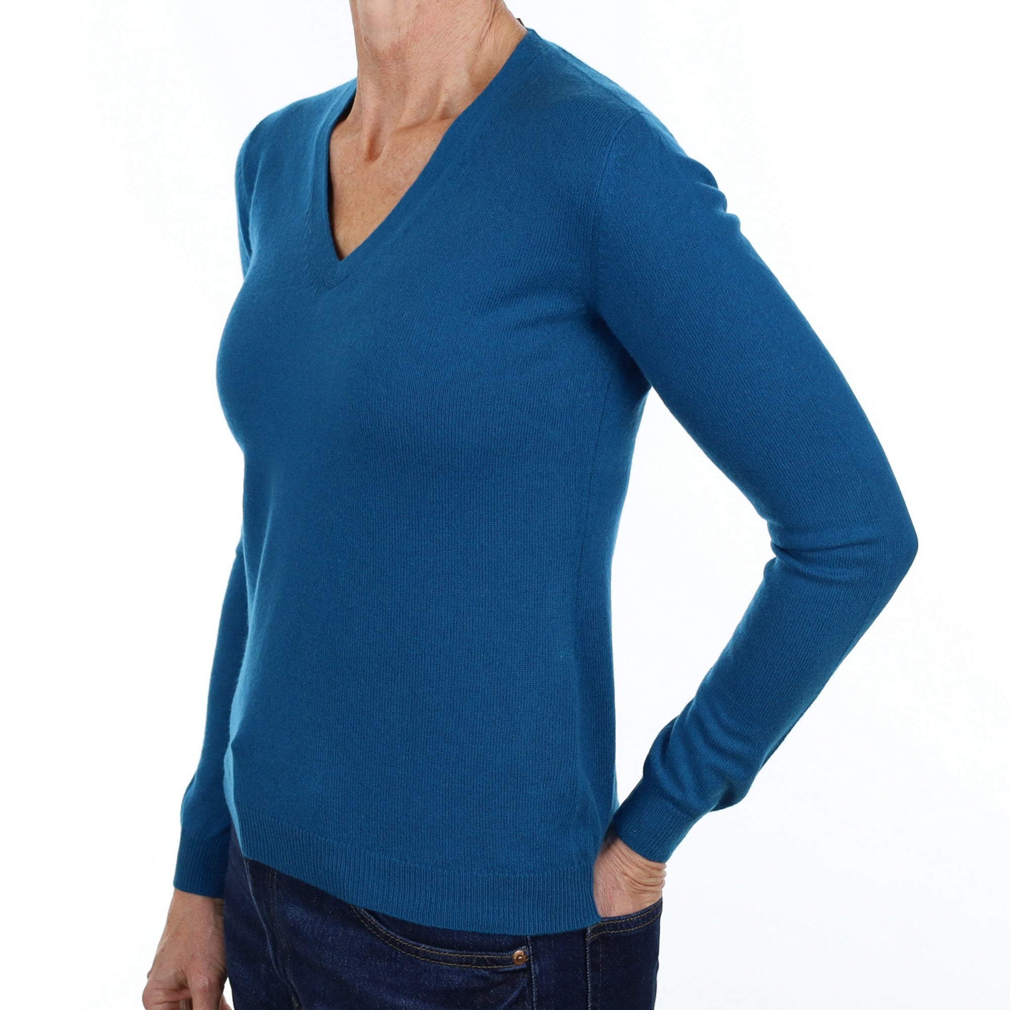 Peacock Blue Cashmere V Neck Jumper Small