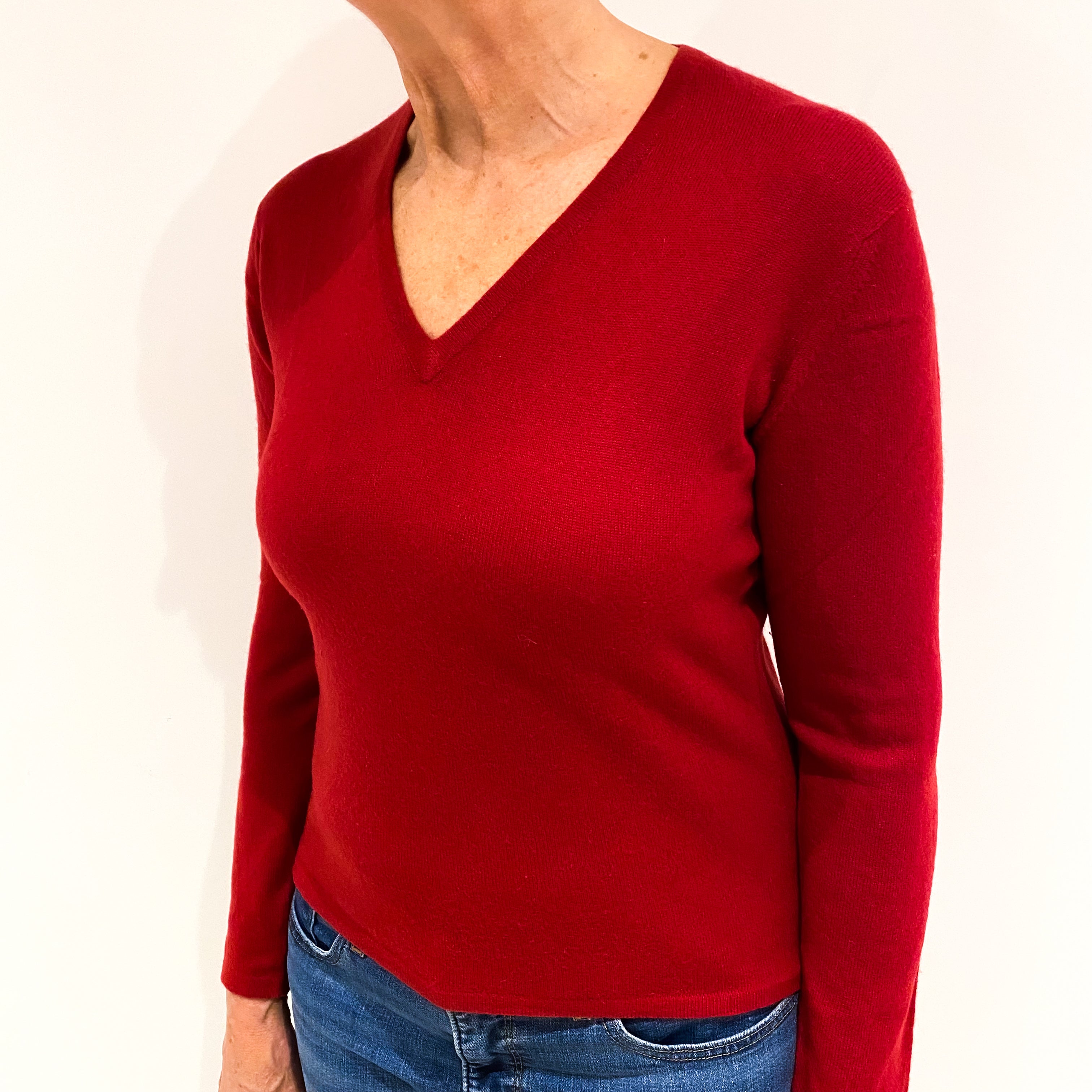 Crimson Red Cashmere V Neck Jumper Medium