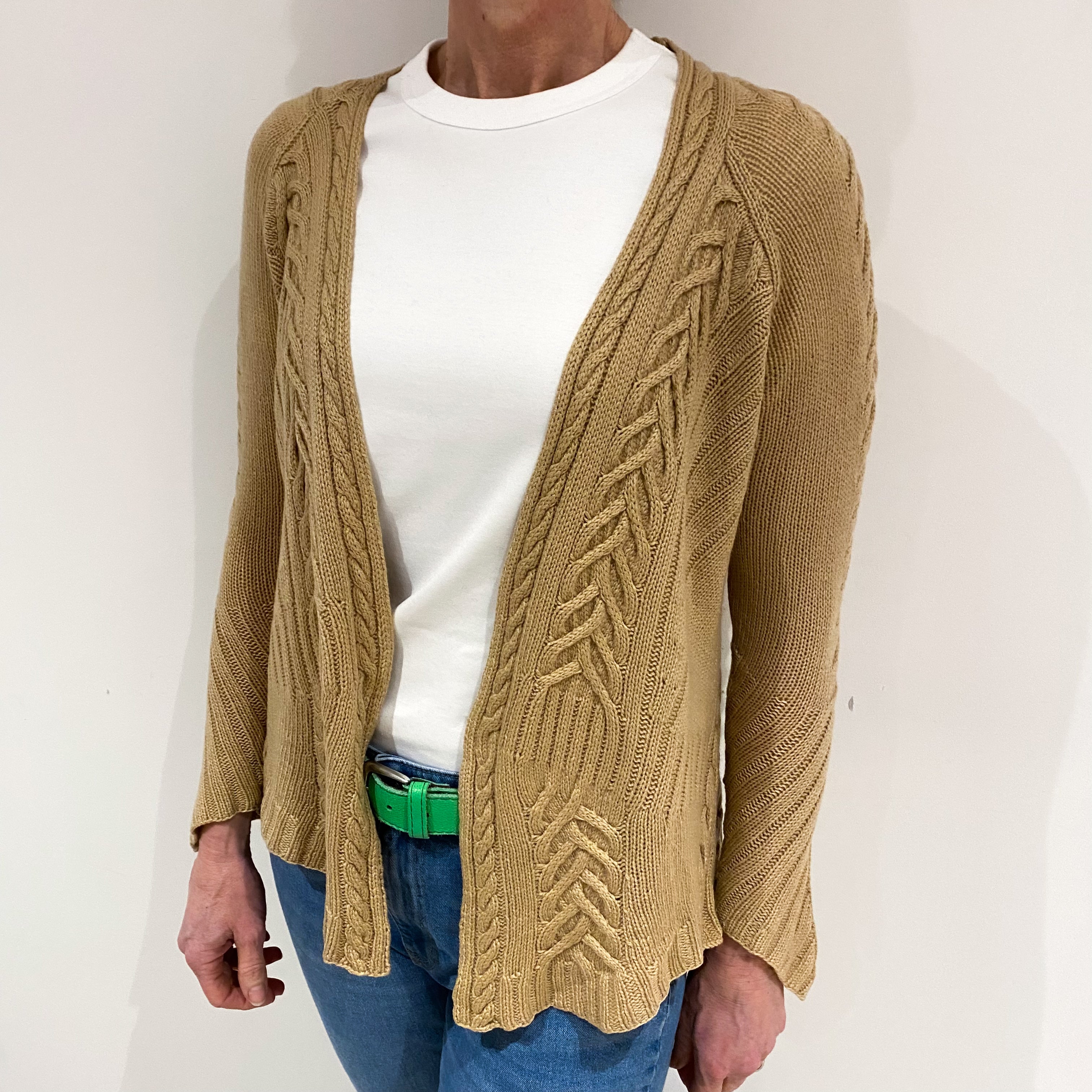 Camel Brown Cable Cashmere Edge to Edge Cardigan Small
