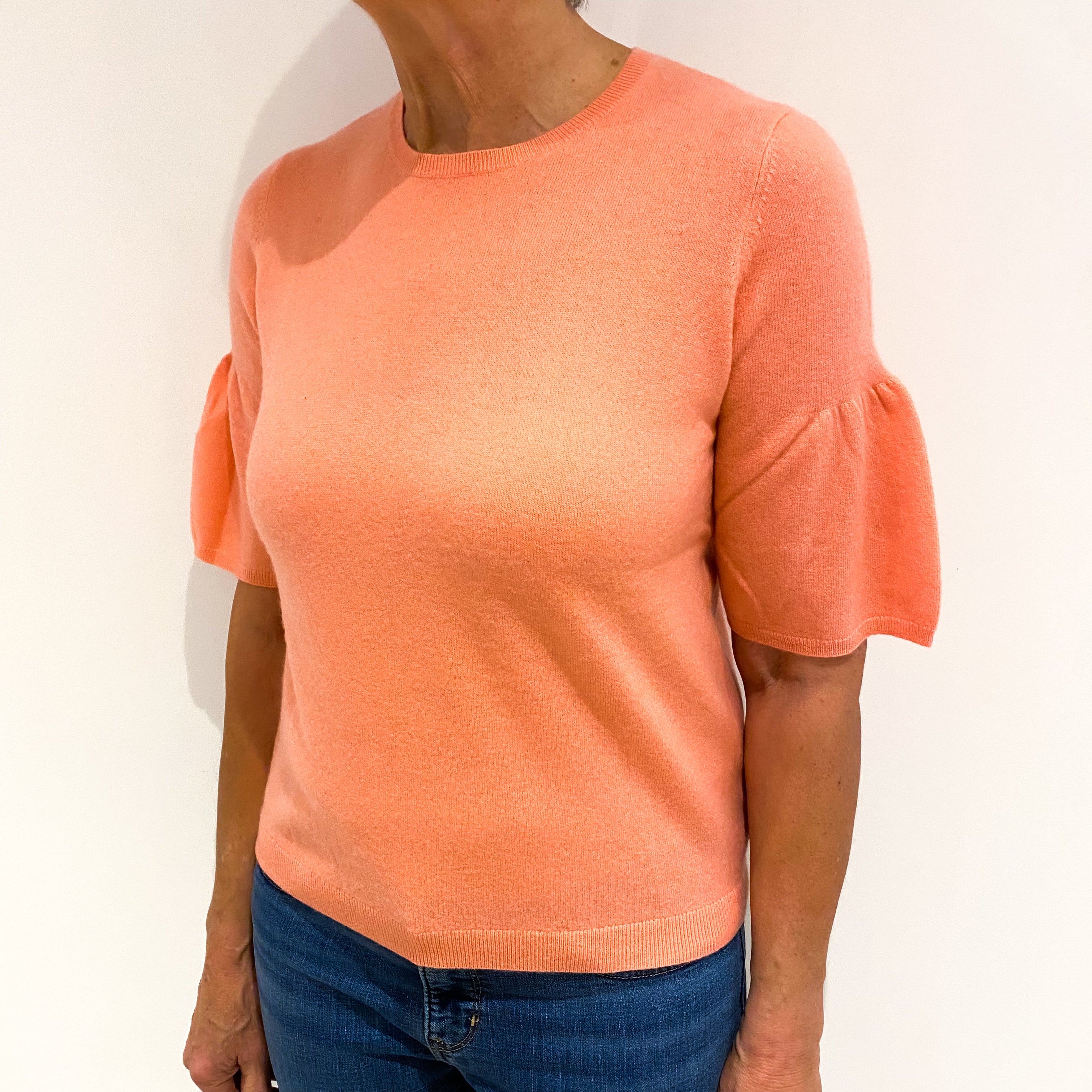 Coral Pink Cashmere Flared Short Sleeve Crew Neck Jumper Medium