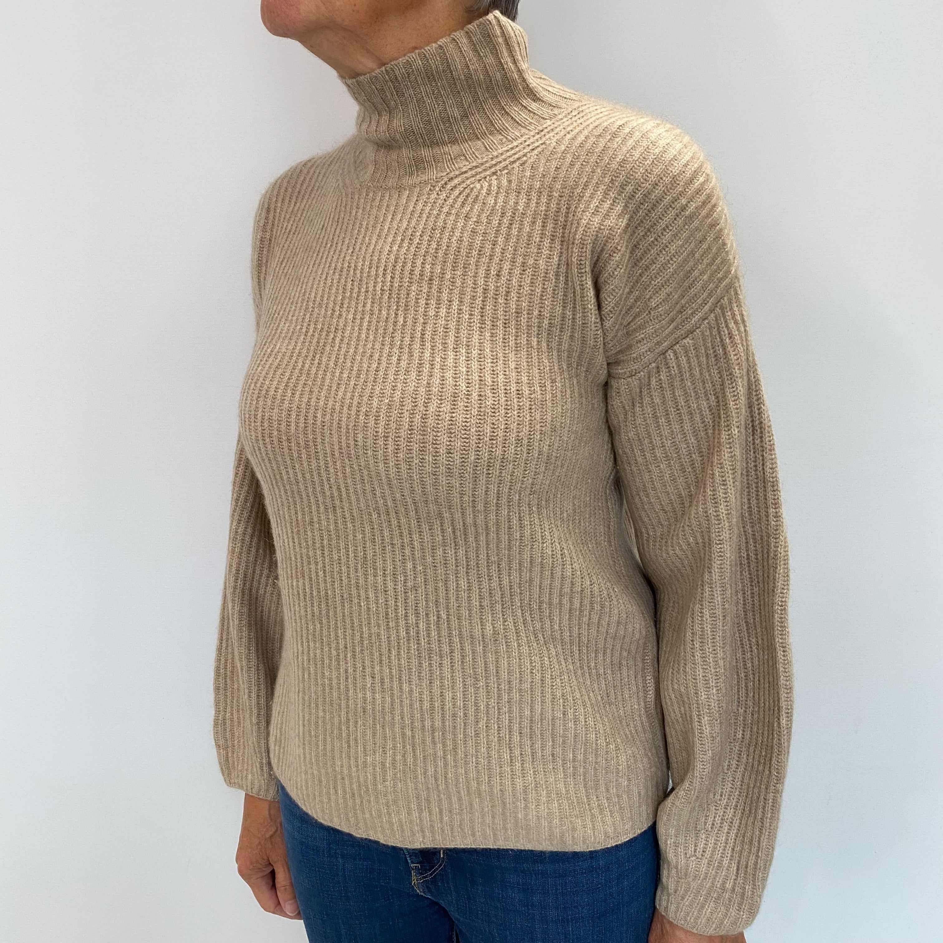Biscuit Brown Rib Cashmere Turtle Neck Jumper Medium