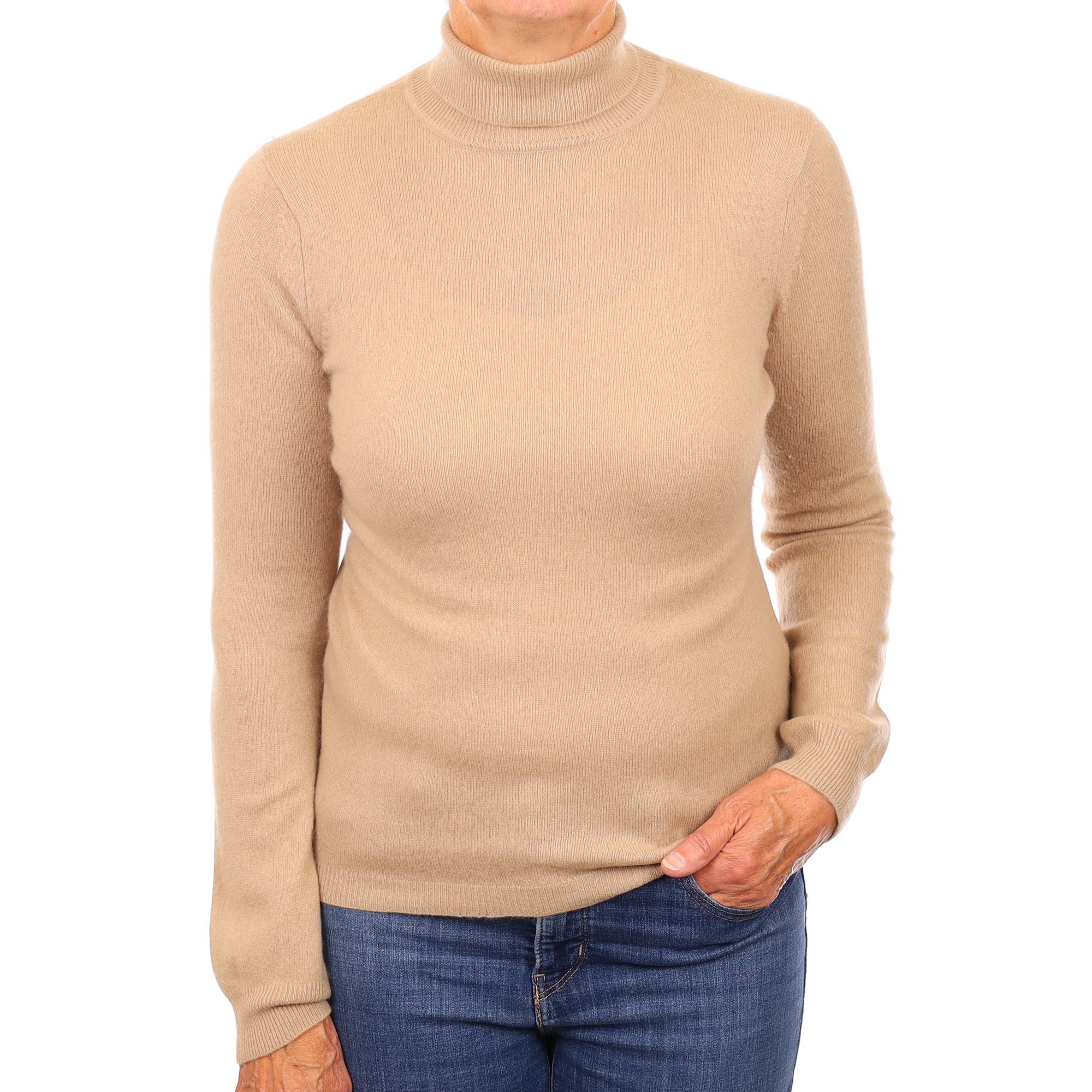 Fawn Beige Cashmere Polo Neck Jumper Medium