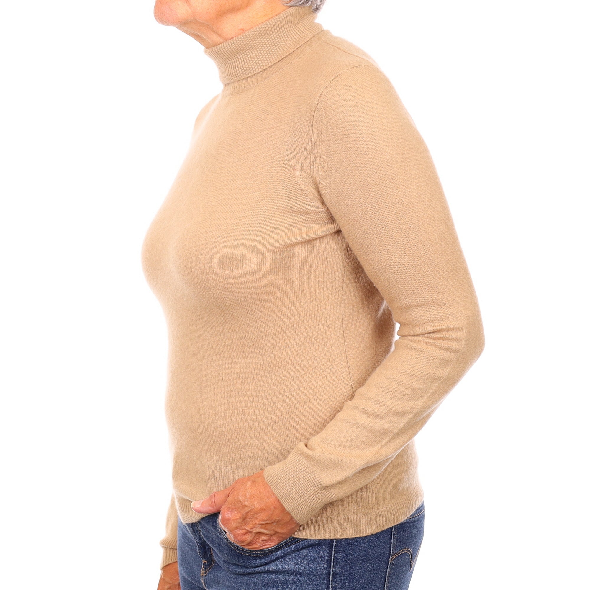 Fawn Beige Cashmere Polo Neck Jumper Medium