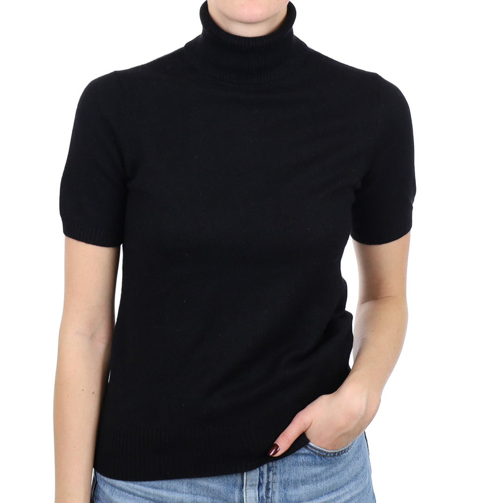 Black Cashmere Short Sleeve Polo Neck Jumper Small