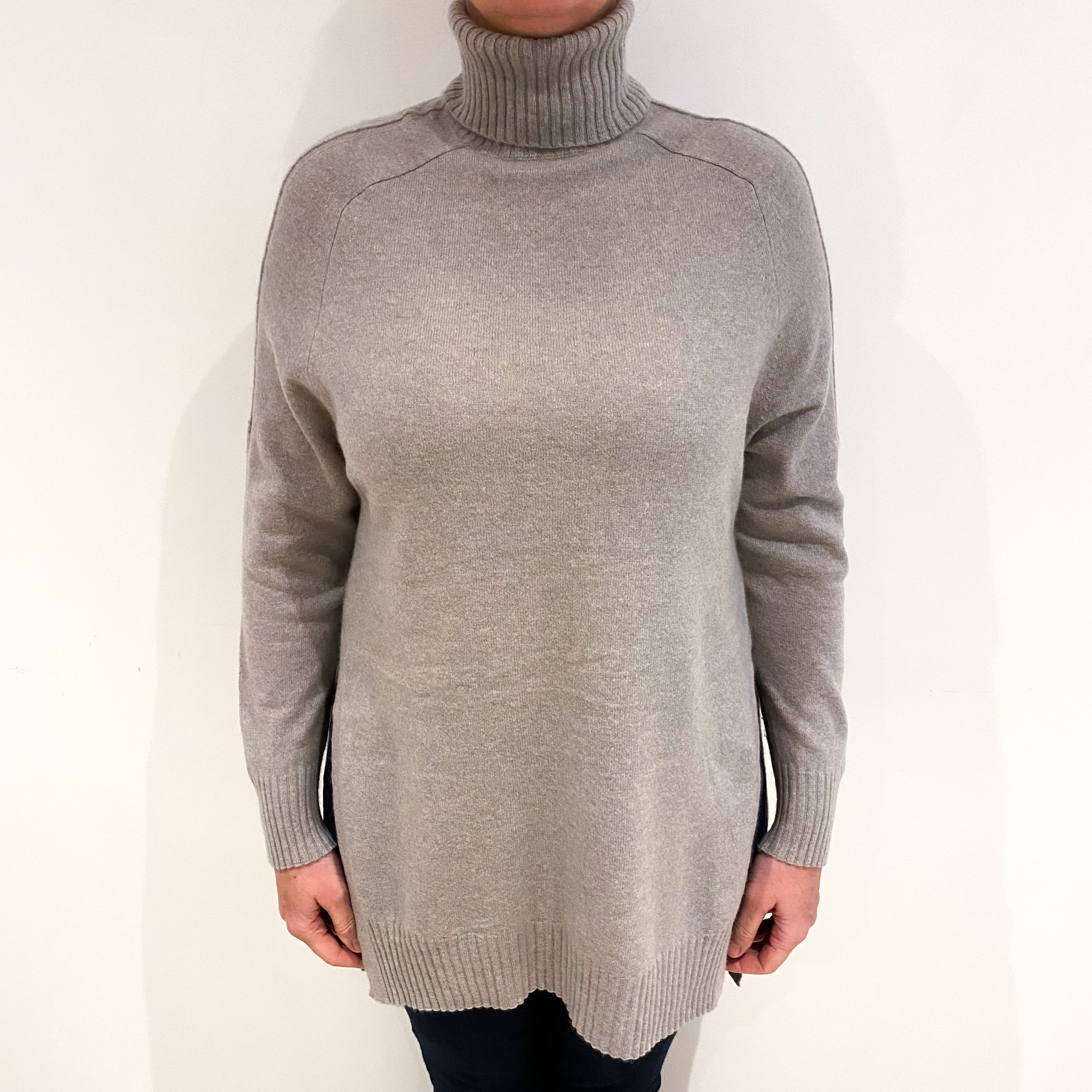 Oyster Grey Cashmere Longline Polo Neck Jumper Large