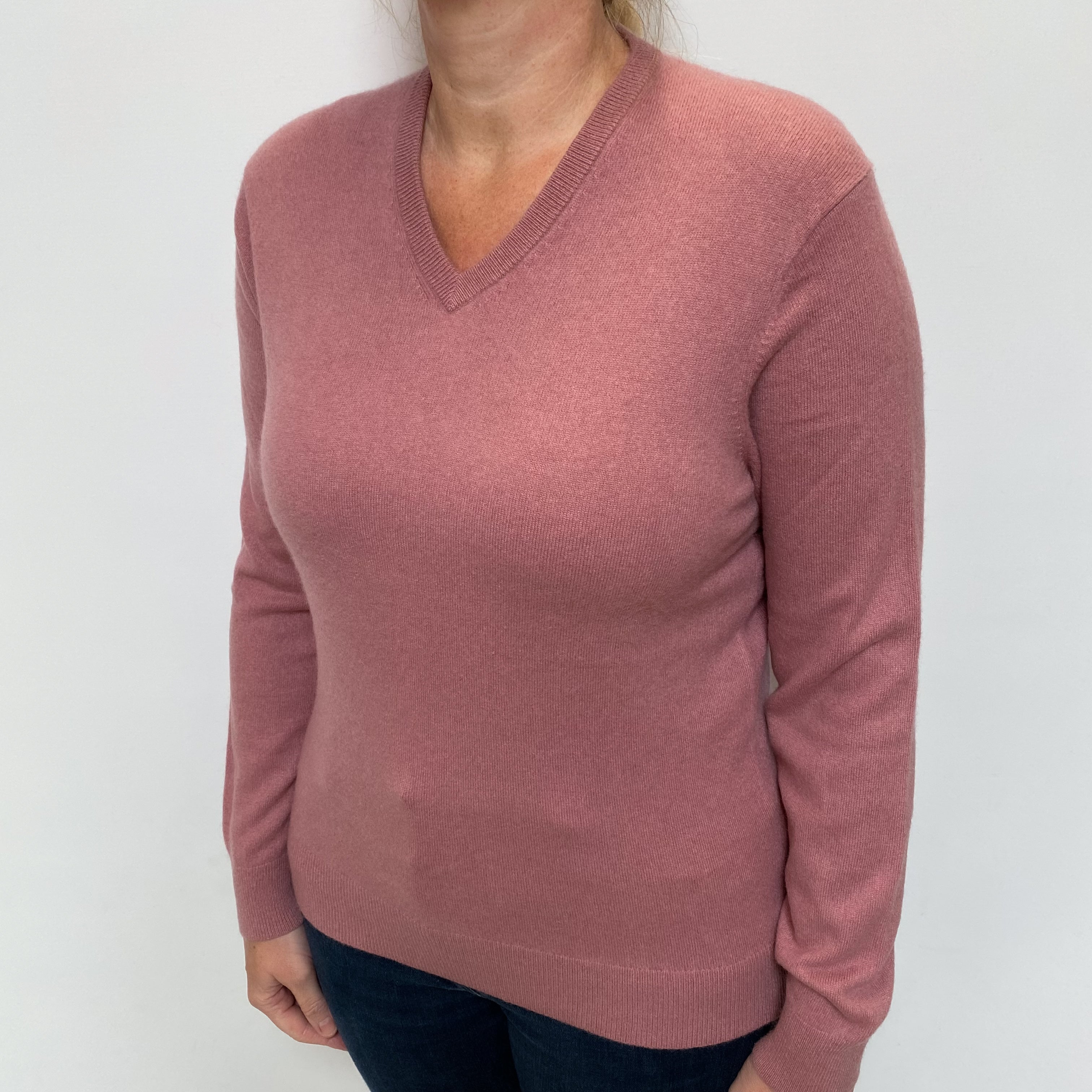Heather Pink Cashmere V Neck Jumper Large