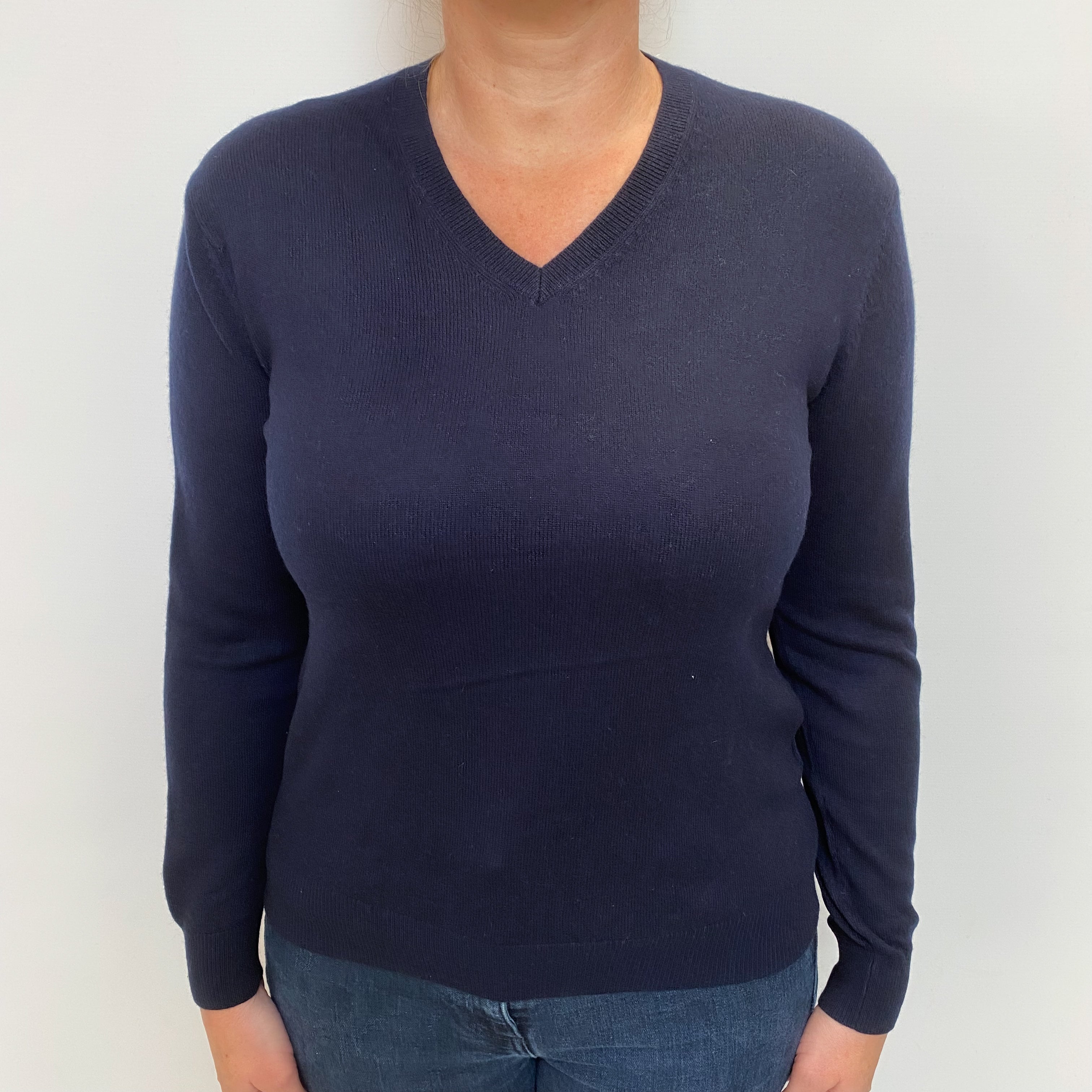 Navy Blue Cashmere V Neck Jumper Large