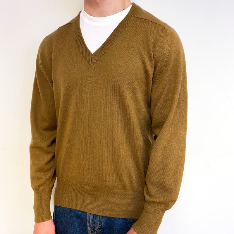 Men's Camel Brown Cashmere V-Neck Jumper Small