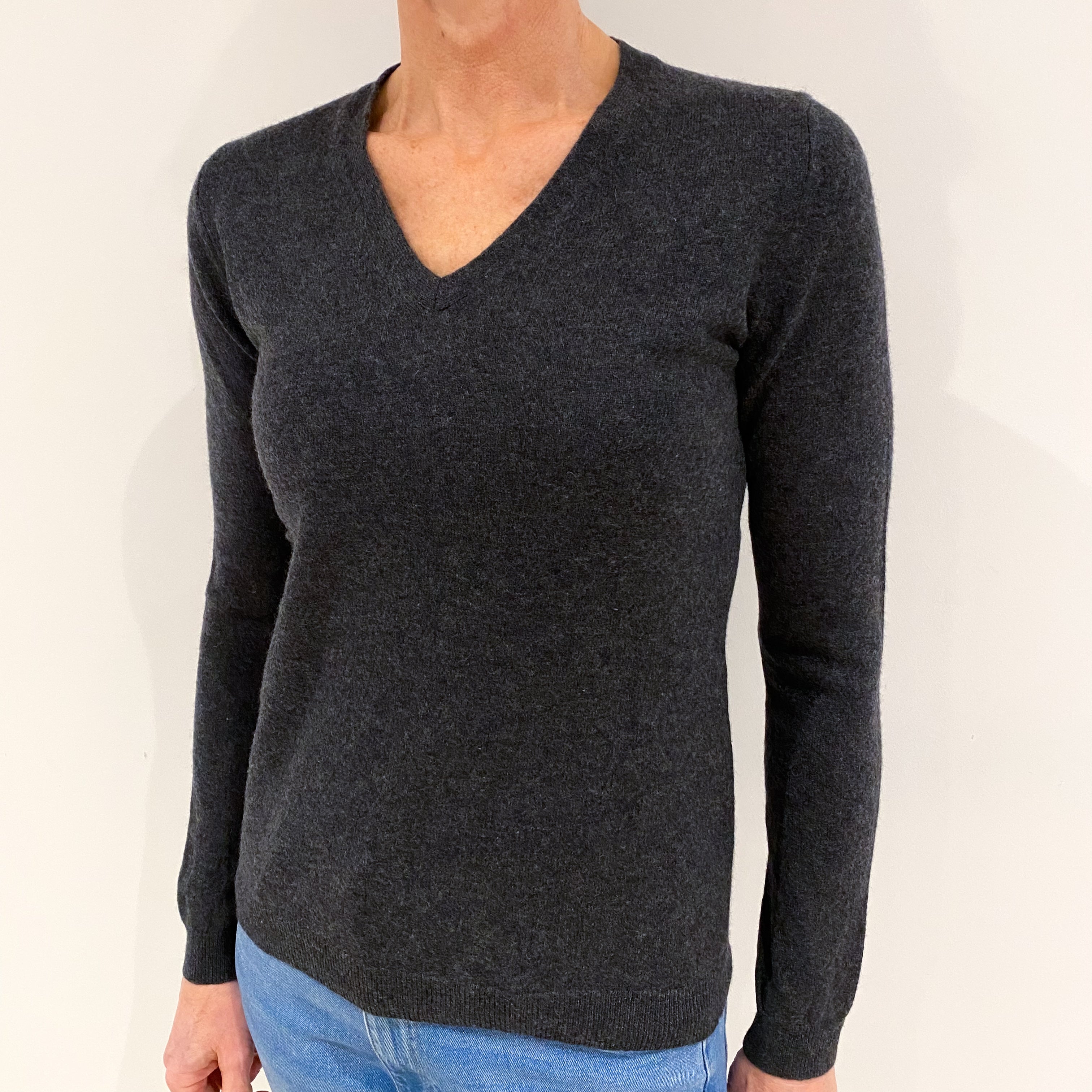 Dark Grey Cashmere V Neck Jumper Small