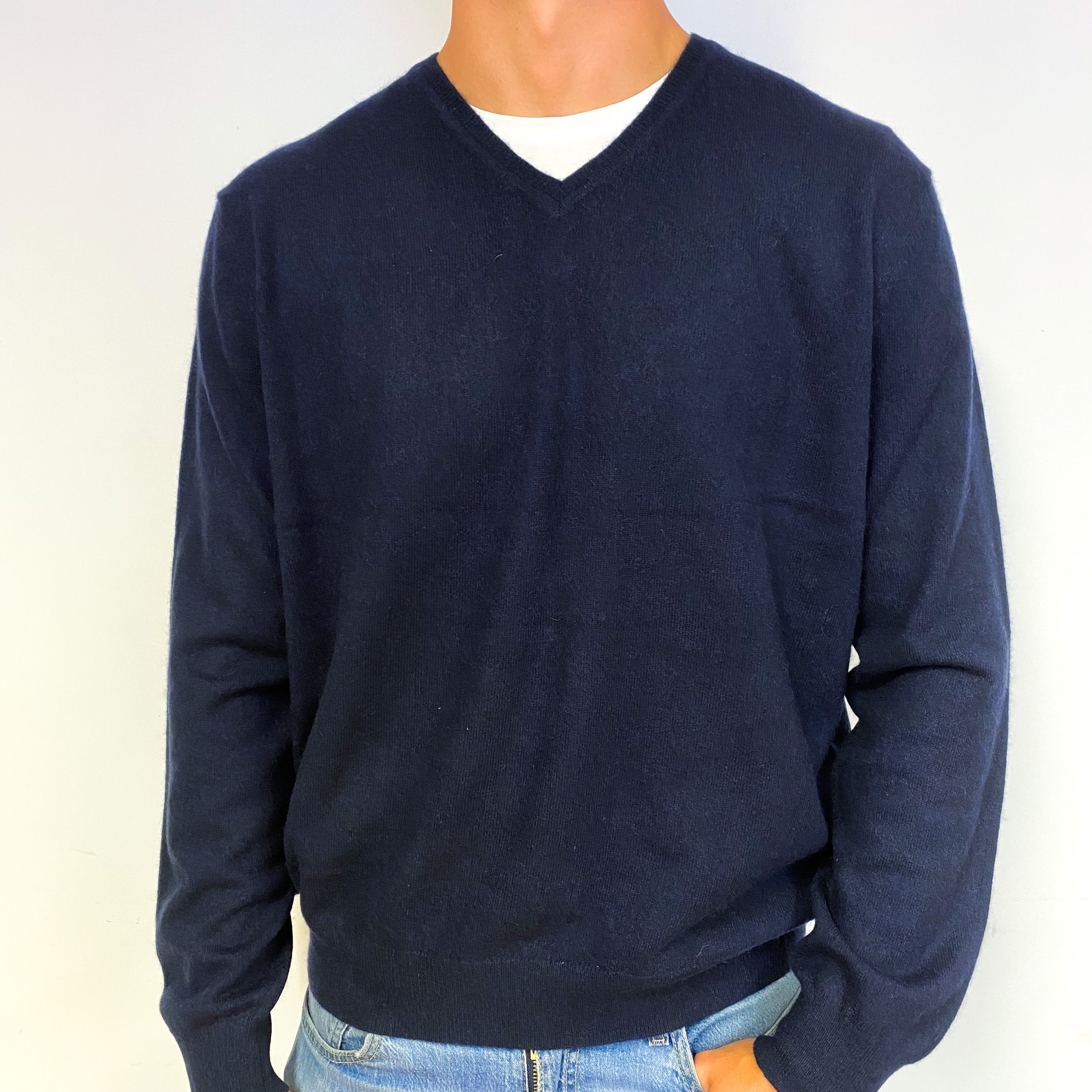 Men's Navy Blue Cashmere V-Neck Jumper Extra Extra Large