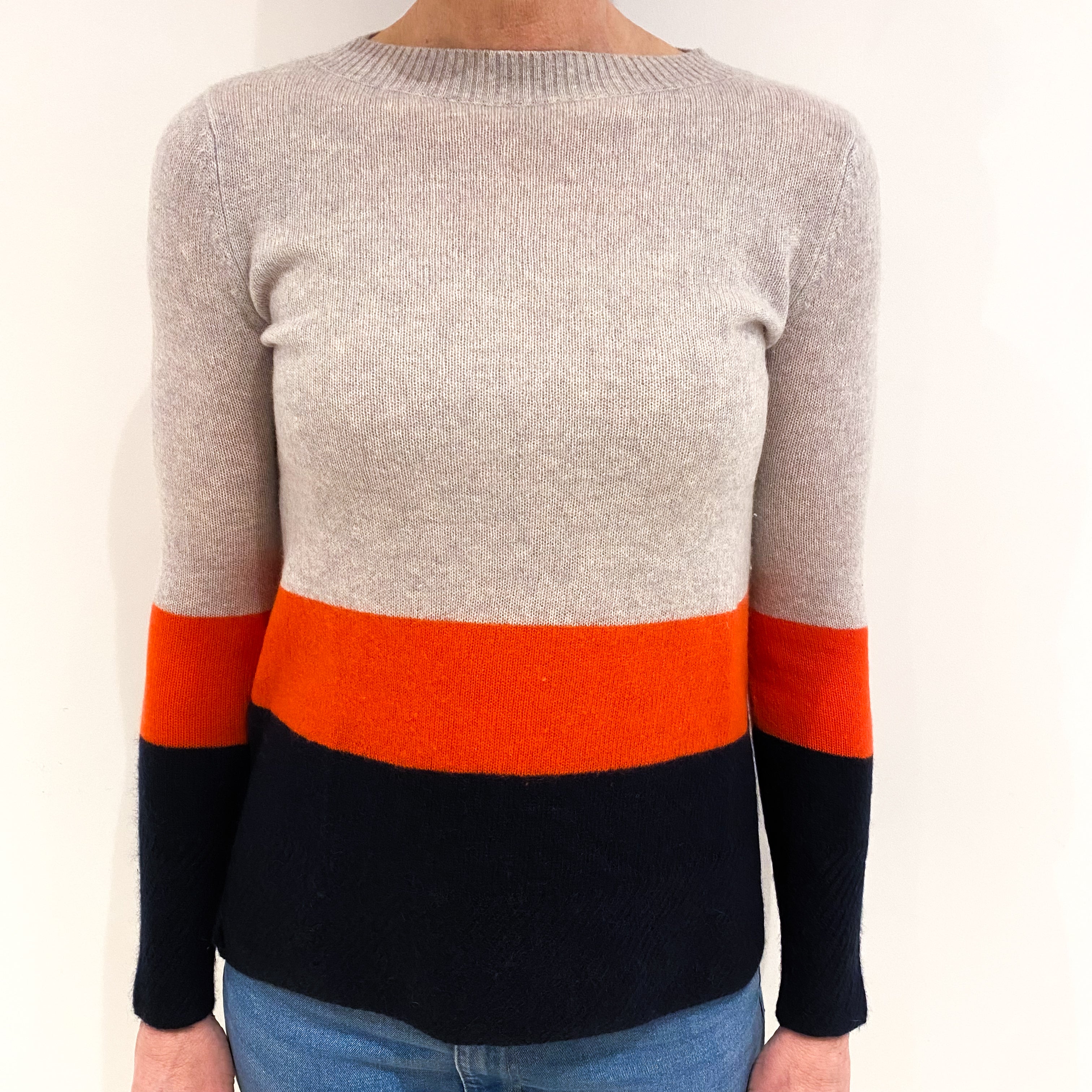 Jigsaw Mist Grey, Vermillion And Navy Cashmere Crew Neck Jumper Small