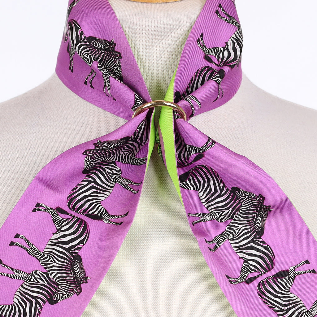Brand New Bellezza Purple & Lime Zebra Tropical Double Faced Silk Twilly & Scarf Ring