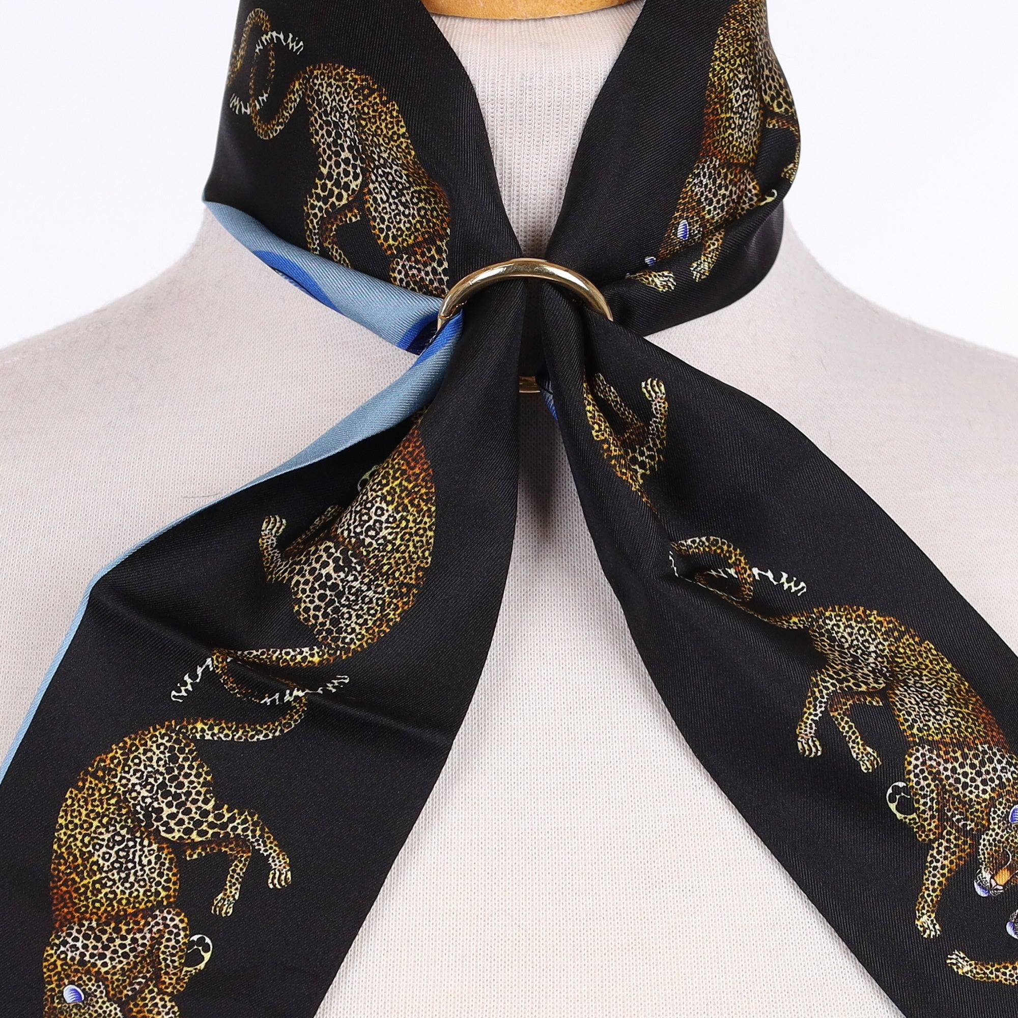 Brand New Bellezza Black & Blue Leopard Tropical Double Faced Silk Twilly