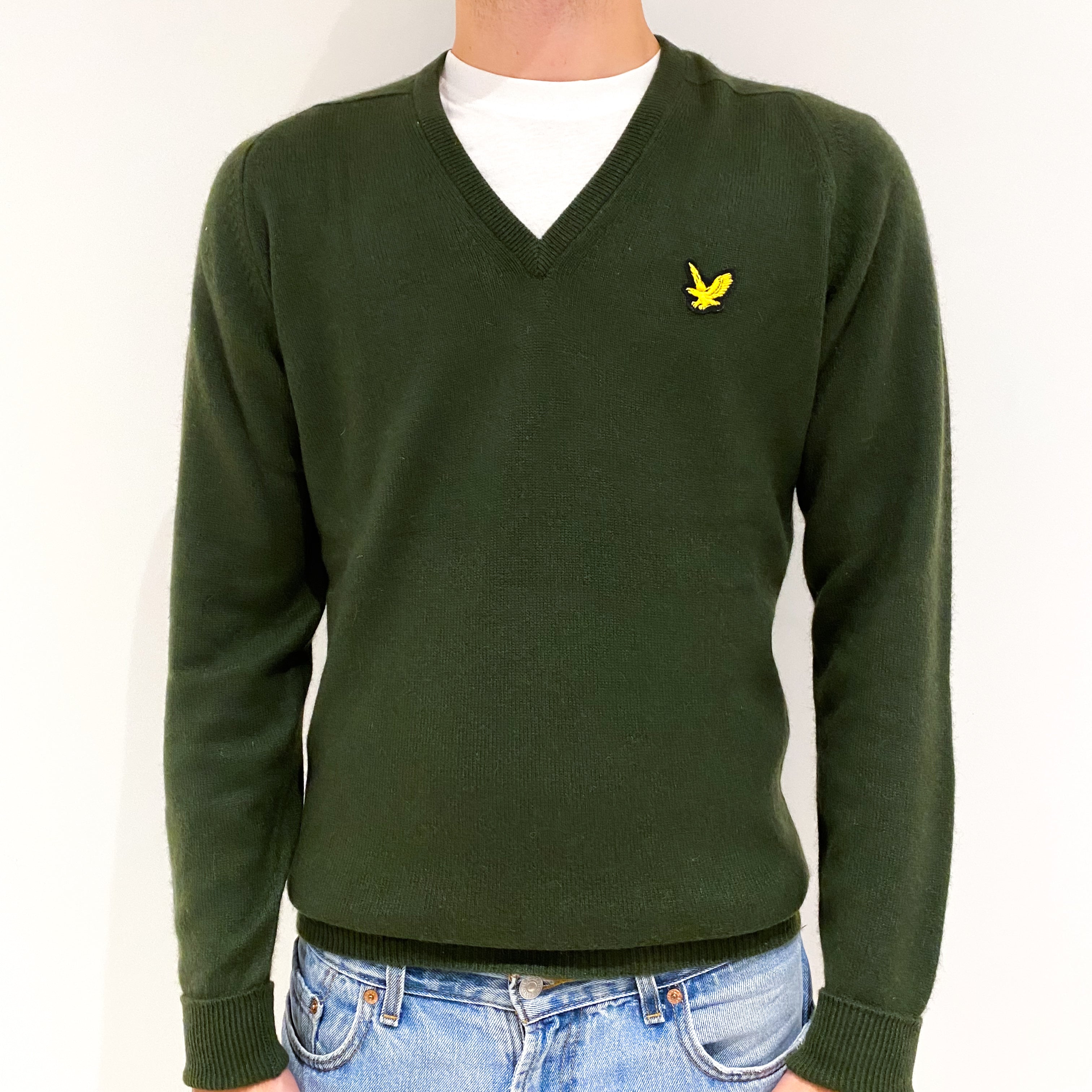 Men's Vintage Seaweed Green Cashmere V-Neck Jumper Medium
