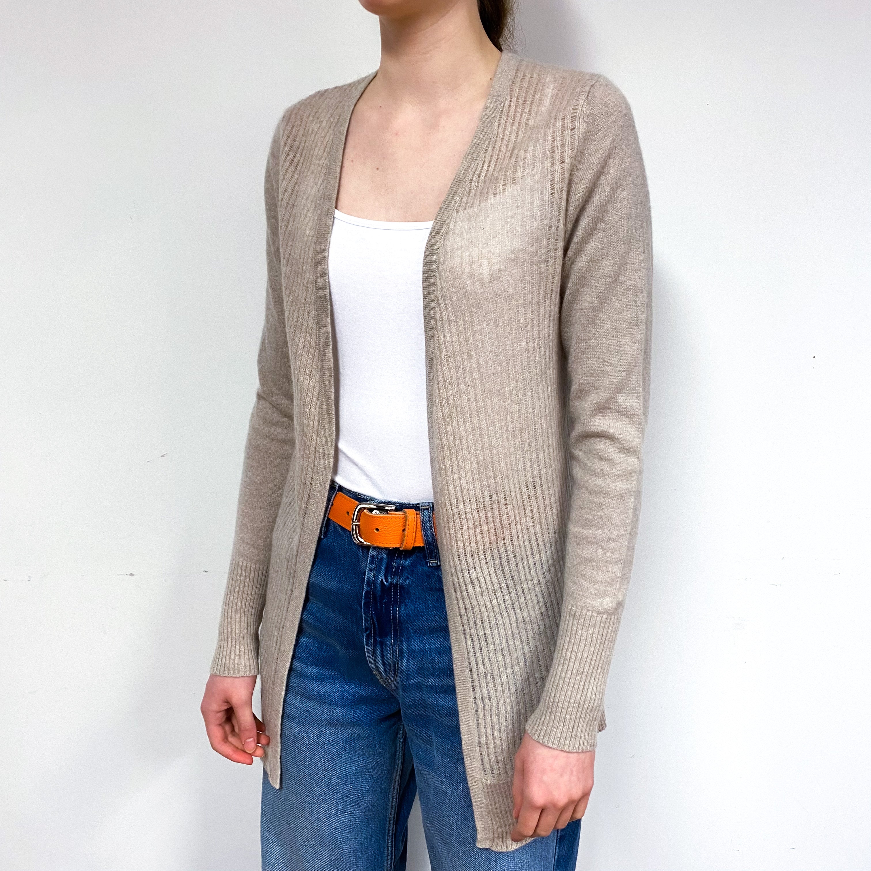 Fawn Brown Lace Knit Cashmere Edge to Edge Cardigan Extra Small