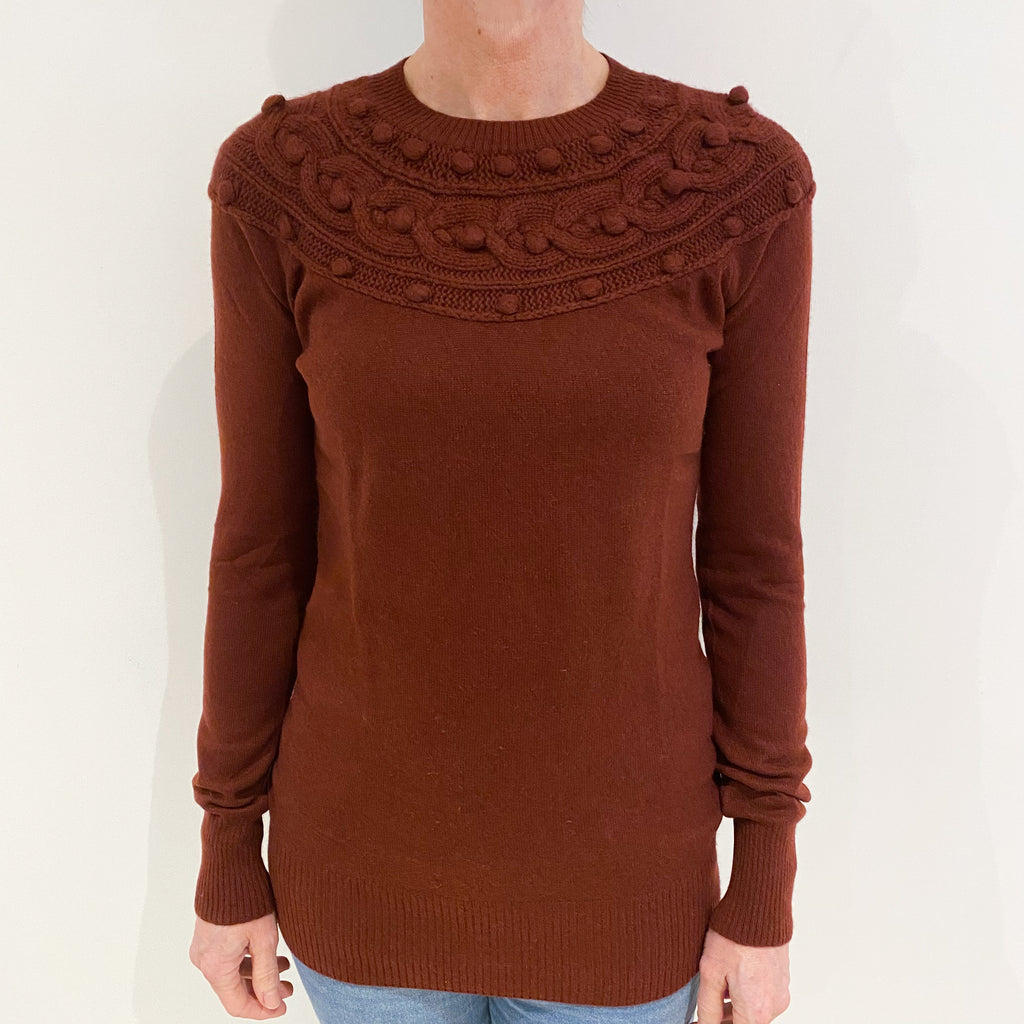 Maroon Red Fancy Knit Cashmere Crew Neck Jumper Small