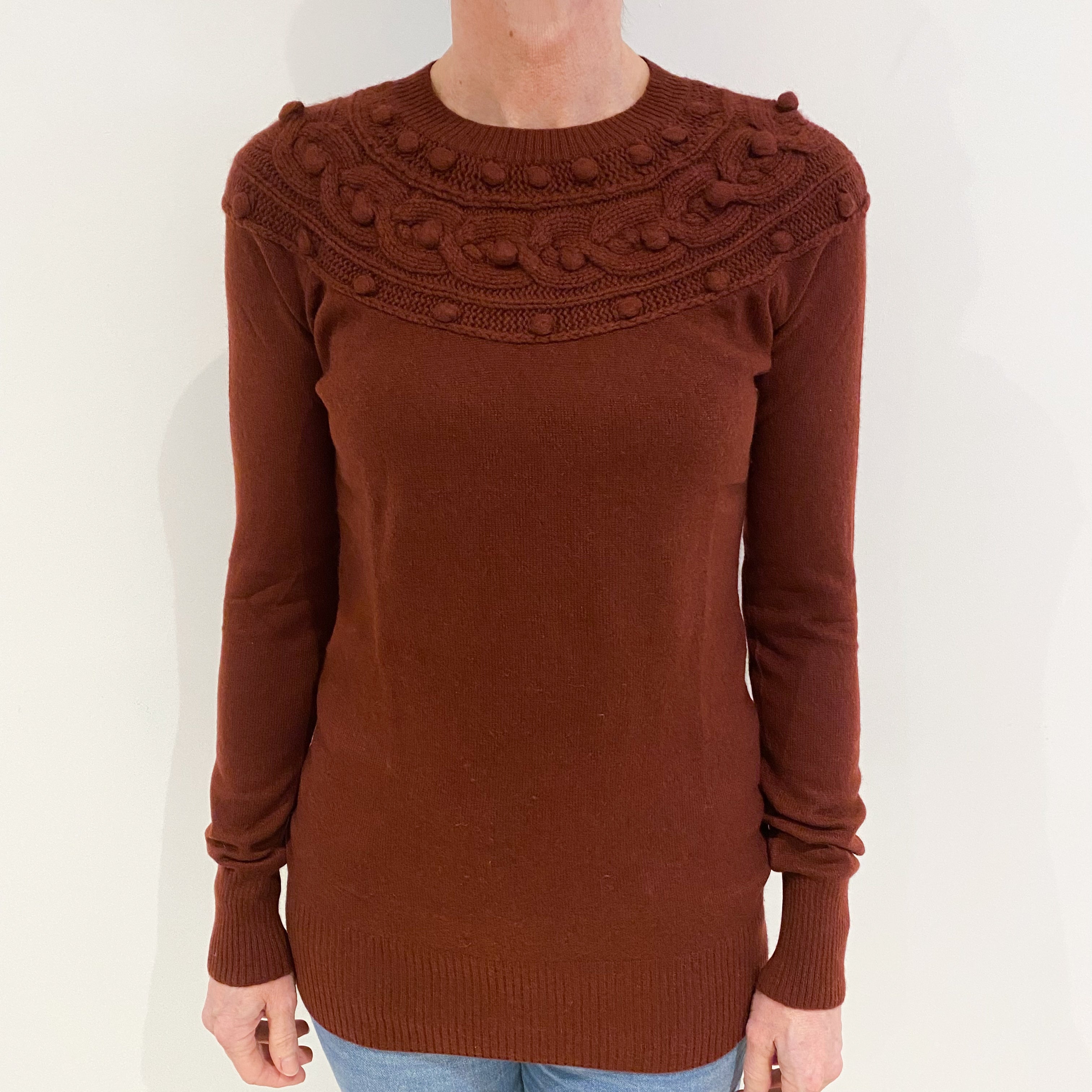 Maroon Red Fancy Knit Cashmere Crew Neck Jumper Small