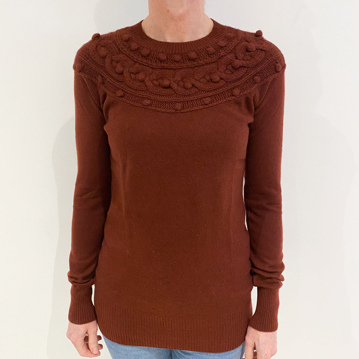 Maroon Red Fancy Knit Cashmere Crew Neck Jumper Small