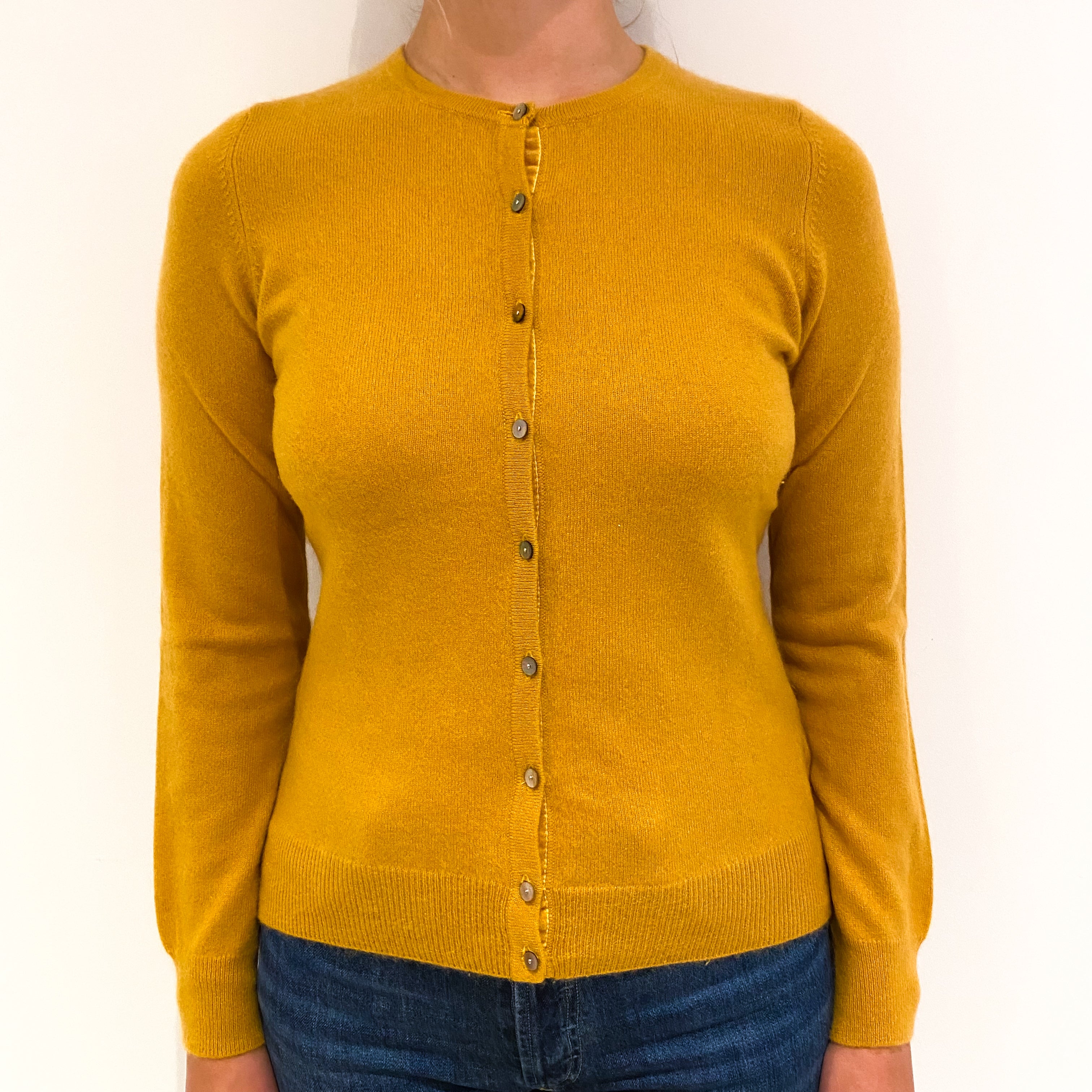 Mustard Yellow Cashmere Crew Neck Cardigan Small