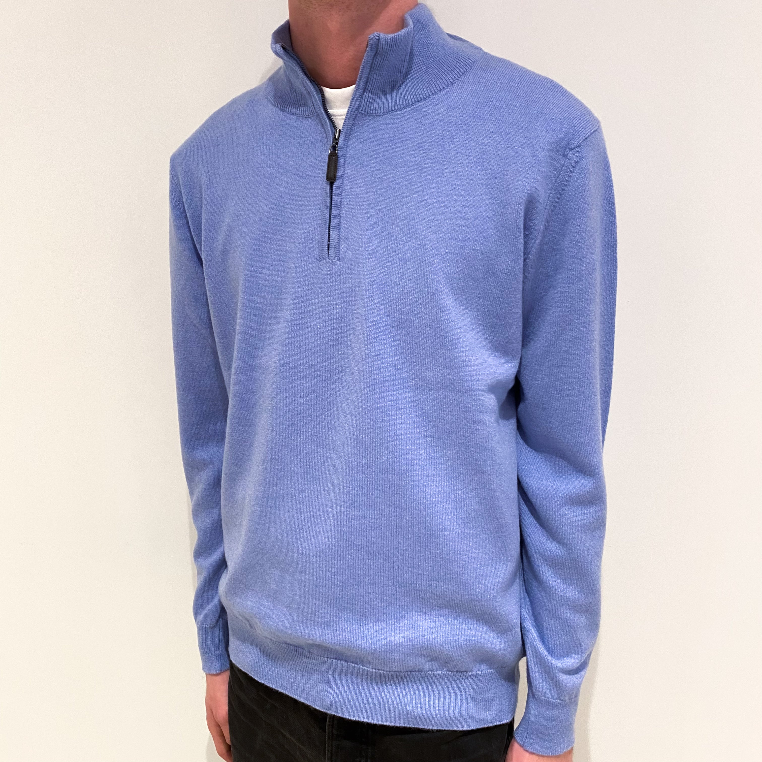 Men's Brand New Scottish Sky Blue Cashmere 1/4 Zip Jumper Small