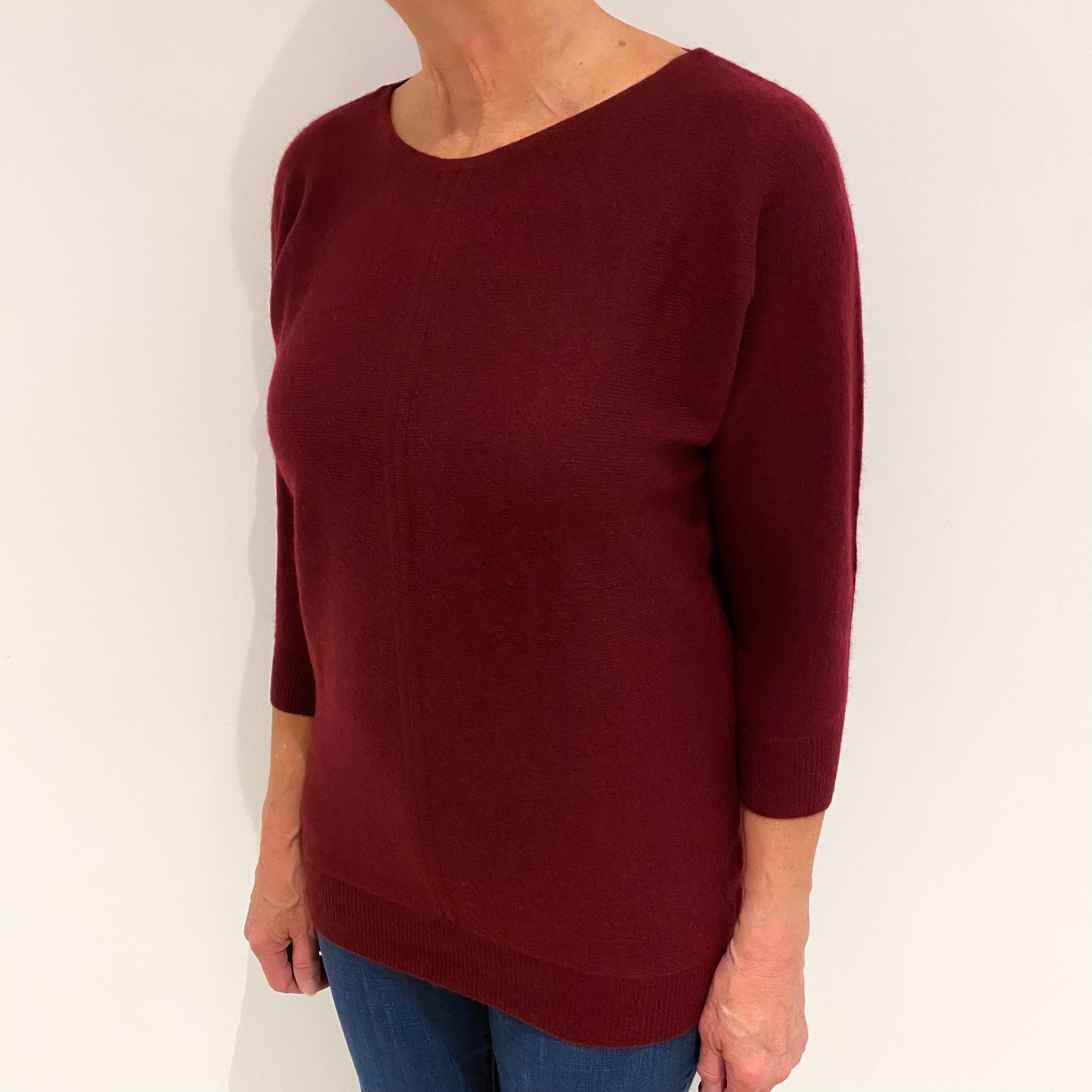 Wine Red Cashmere Batwing Crew Neck Jumper Medium