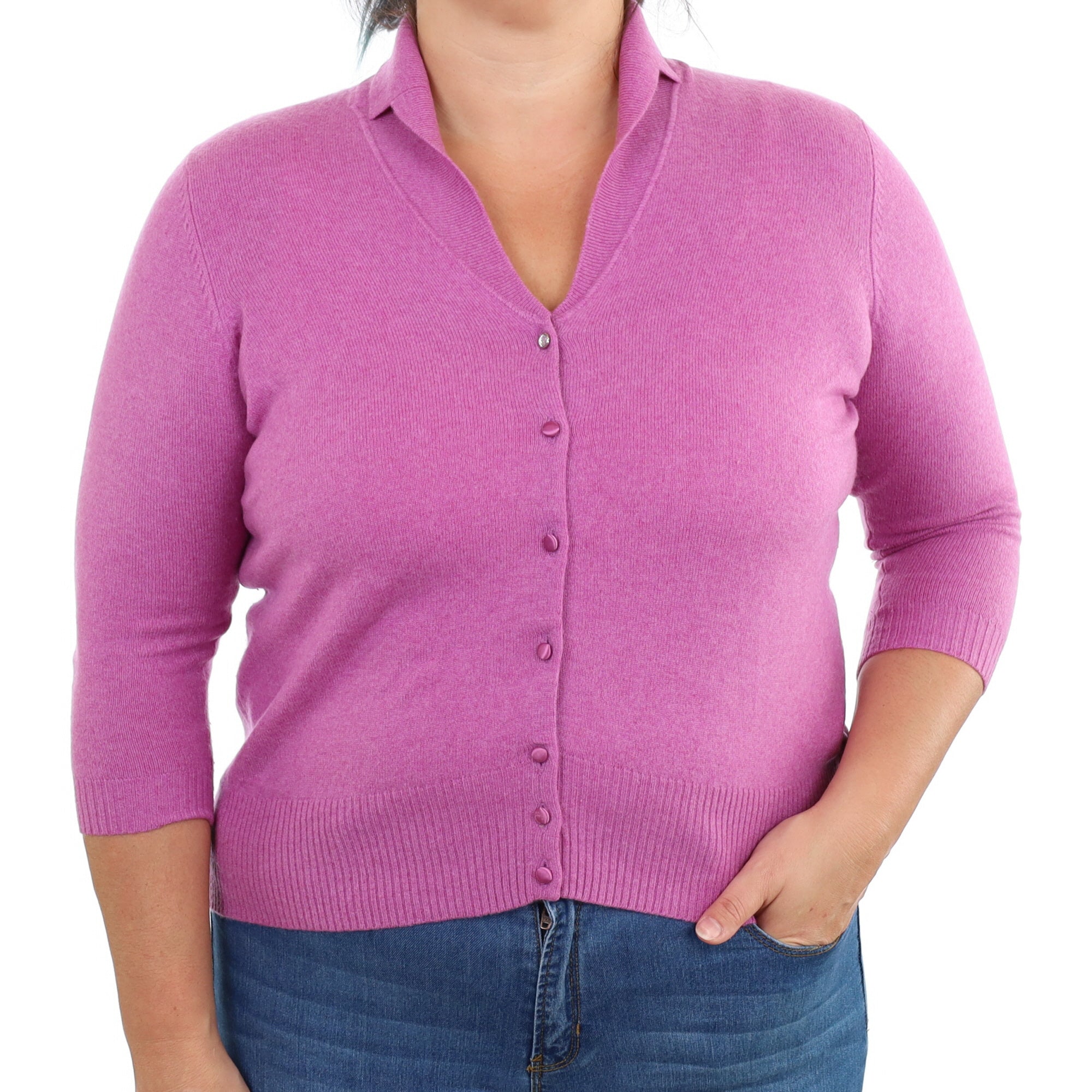 Mauve Pink Cashmere Collared V Neck Cardigan Large