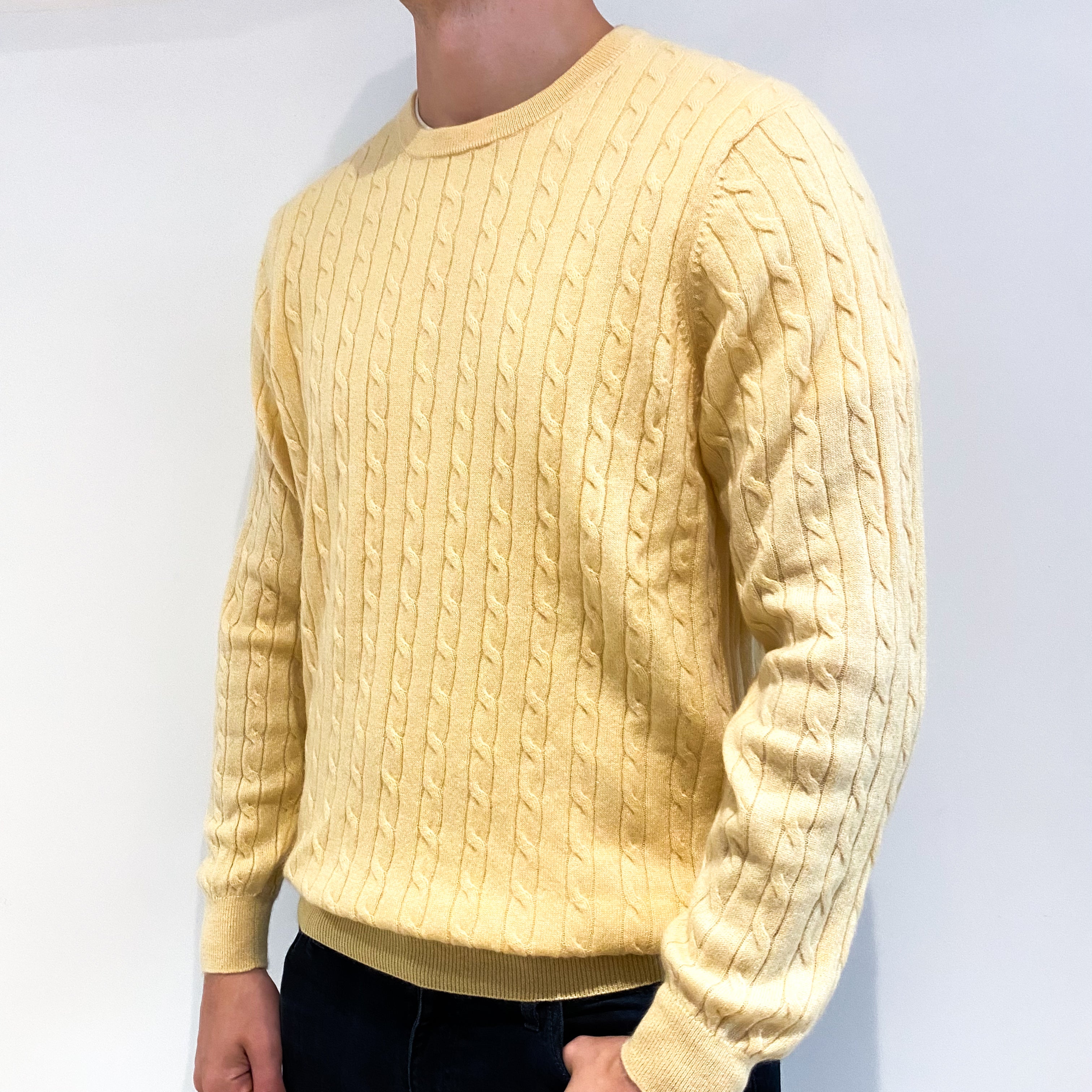 Men's Custard Yellow Cable Cashmere Crew Neck Jumper Extra Large