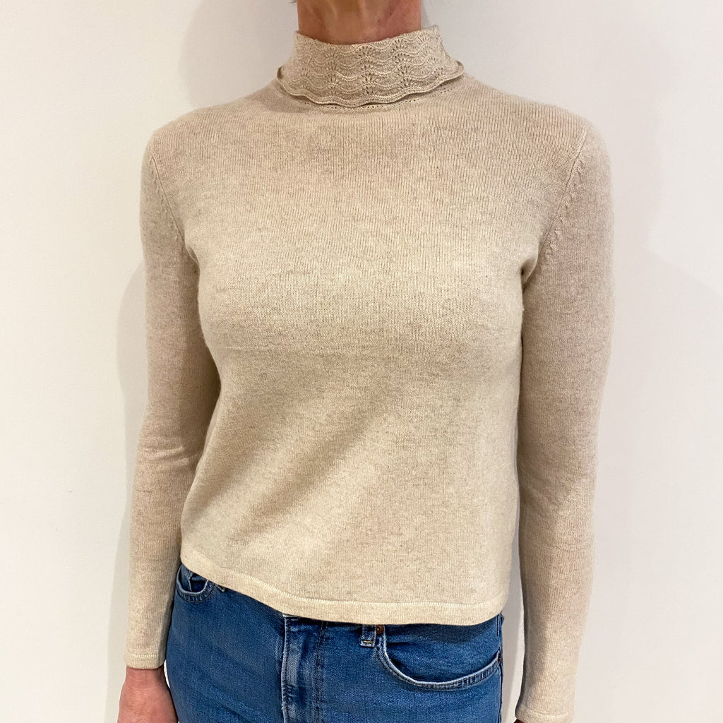 Oatmeal Beige Cashmere Turtle Neck Jumper Small