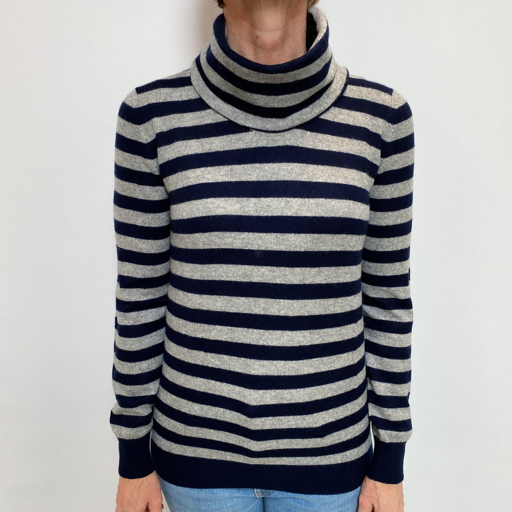 Navy Grey Stripe Cashmere Polo Neck Jumper Small