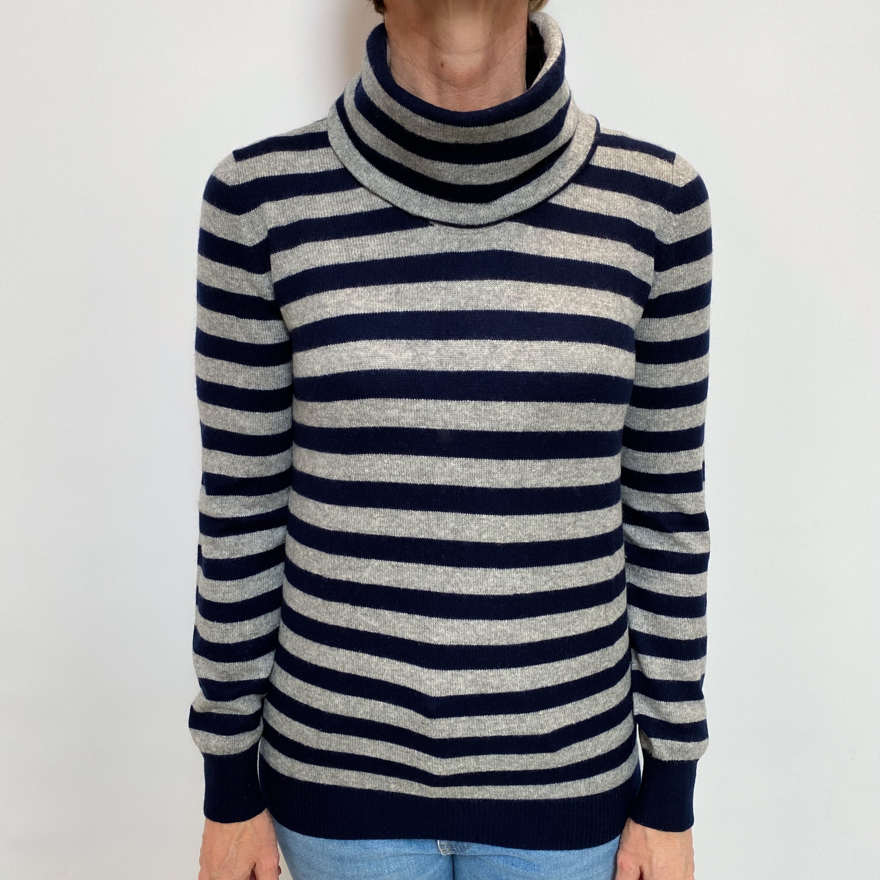 Navy Grey Stripe Cashmere Polo Neck Jumper Small