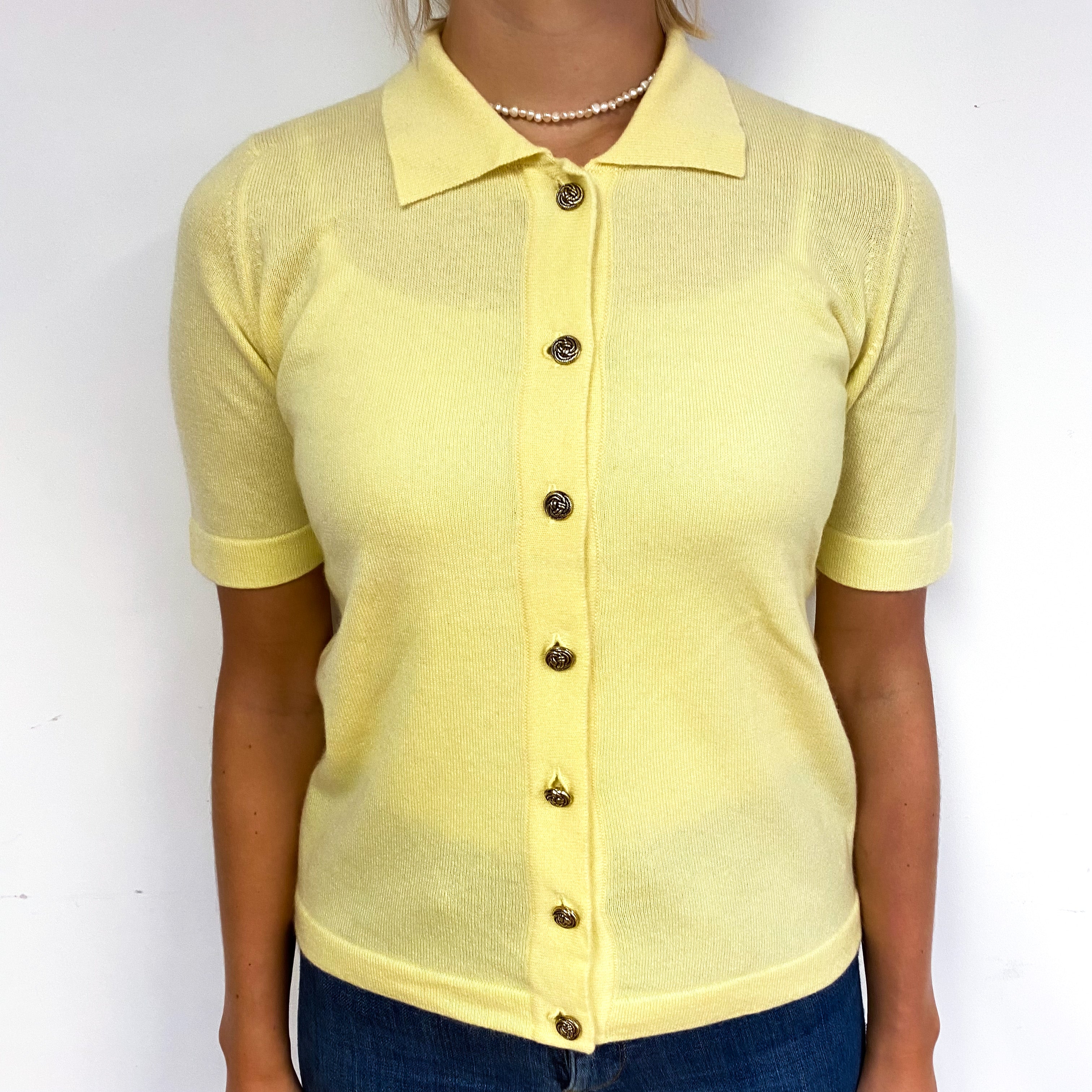Lemon Yellow Cashmere Short Sleeved Cardigan Small