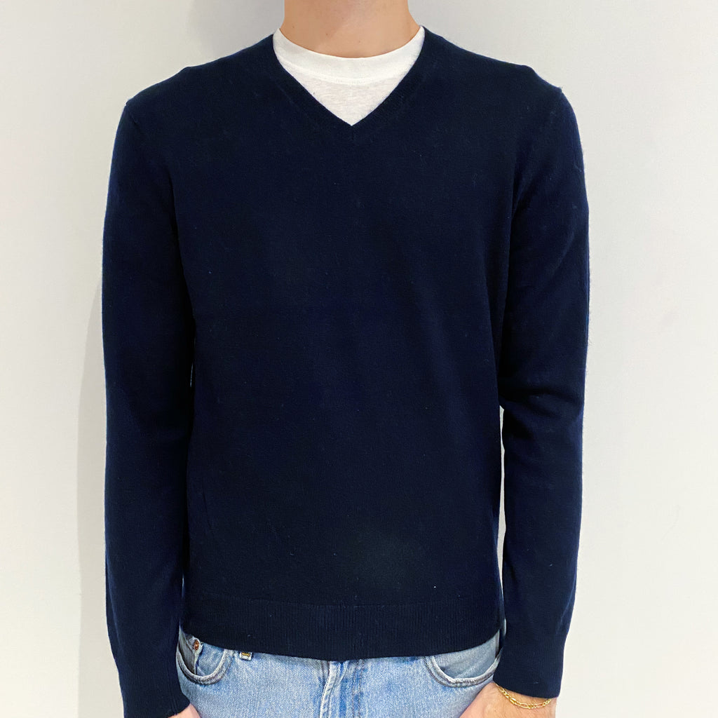 Men's Navy Blue Cashmere V-Neck Jumper Large