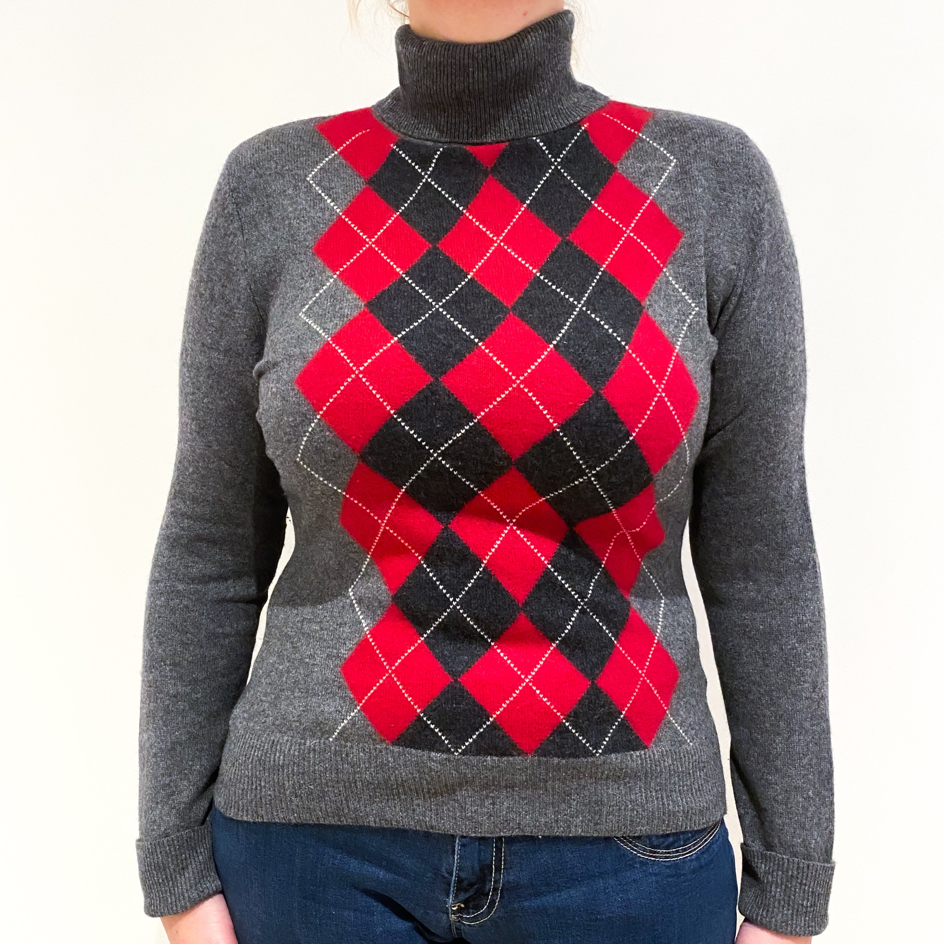 Slate Grey and Red Argyle Front Cashmere Polo Neck Jumper Large