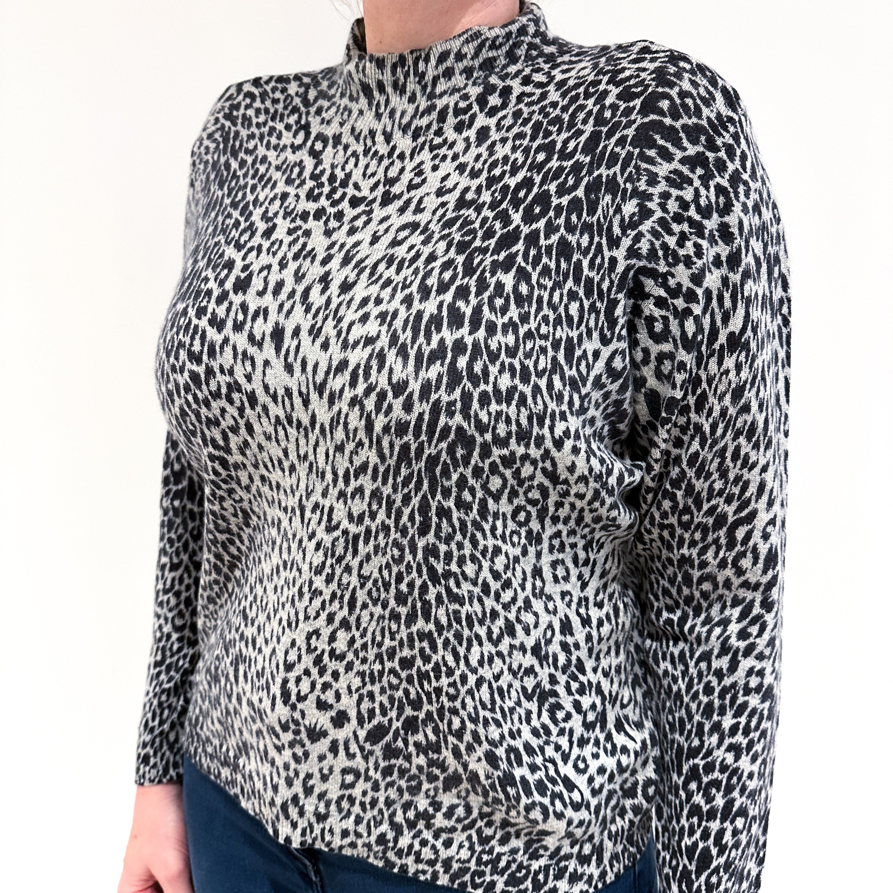 Grey Leopard Print Cashmere Turtle Neck Jumper Large