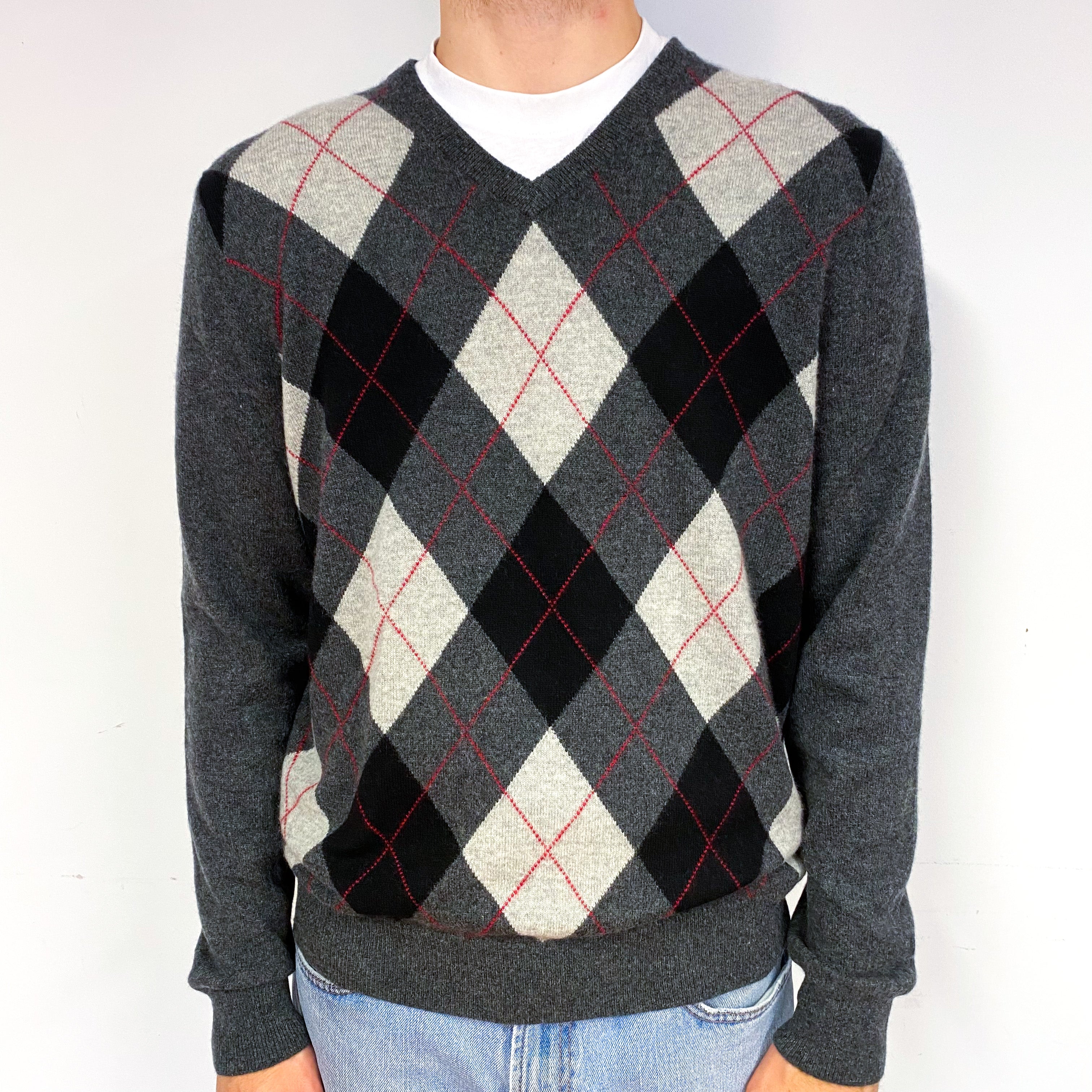 Men's Slate Grey Argyle Cashmere V-Neck Jumper Large