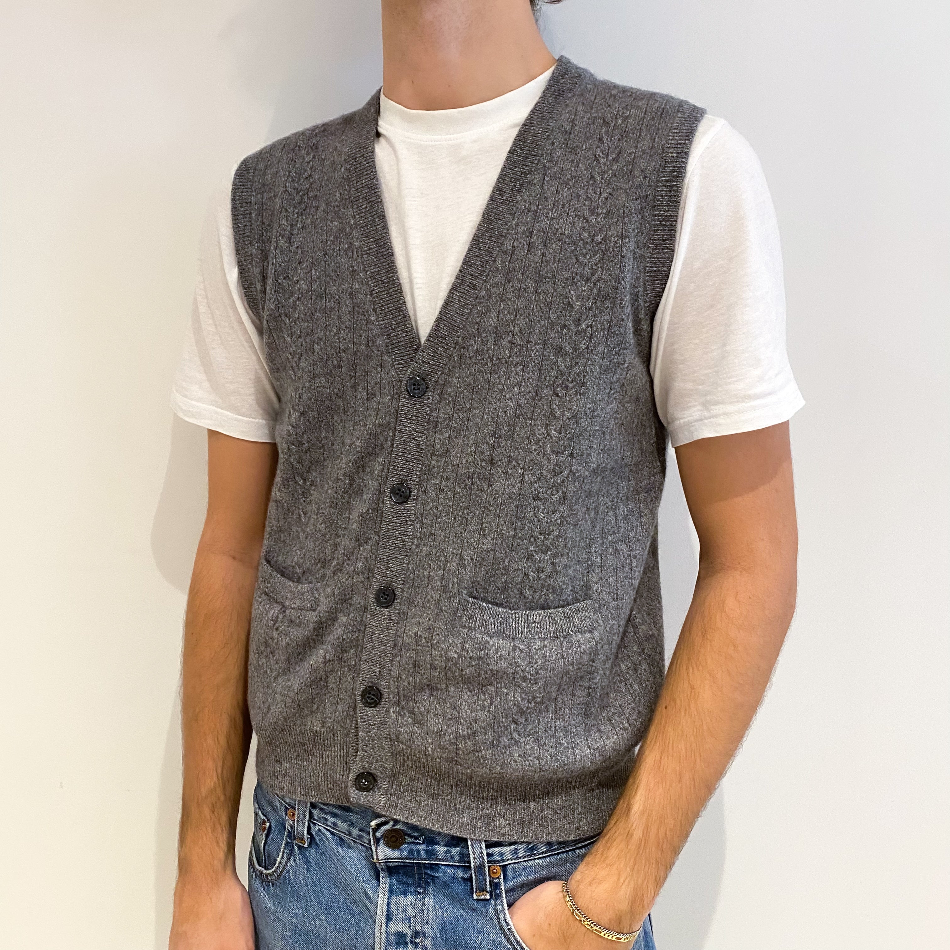 Men's Ash Grey Cashmere V Neck Gilet with Pockets Large