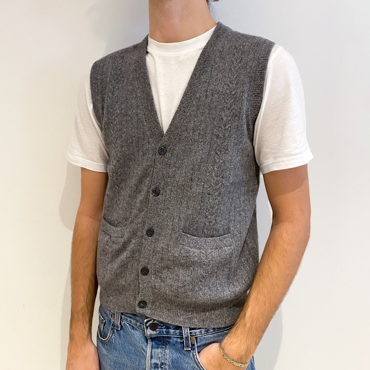 Men's Ash Grey Cashmere V Neck Gilet with Pockets Large