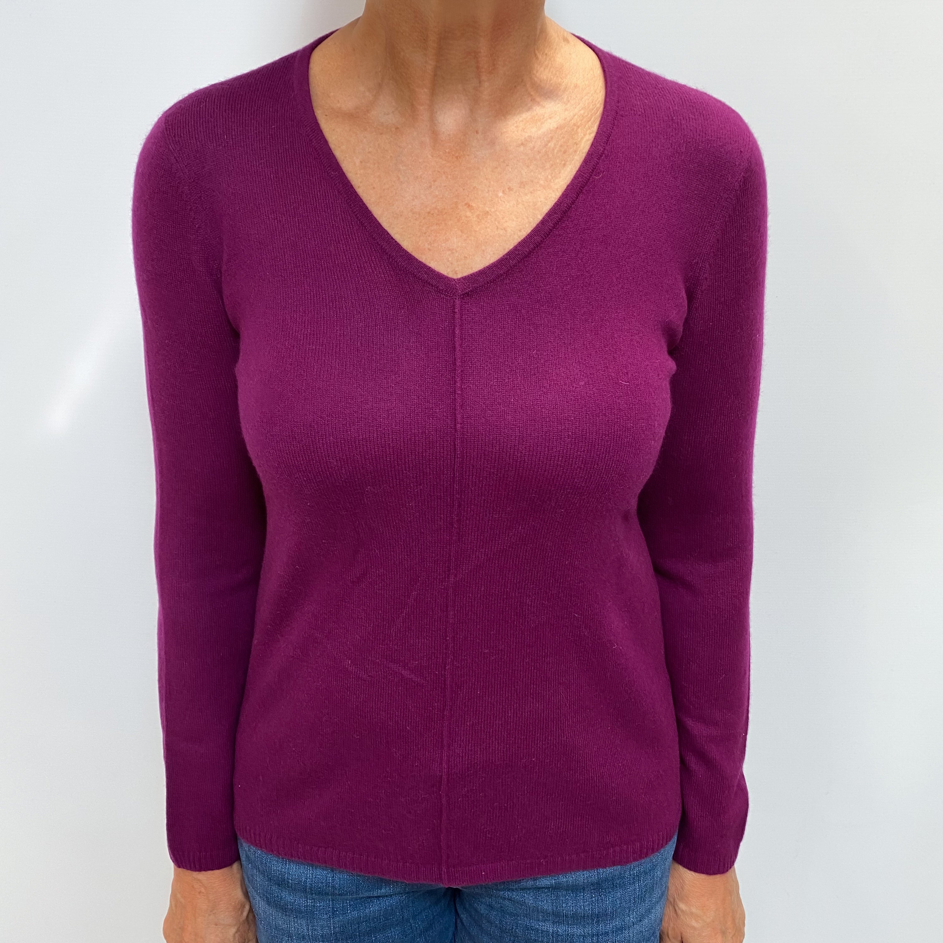 Magenta Purple Cashmere V Neck Jumper Medium