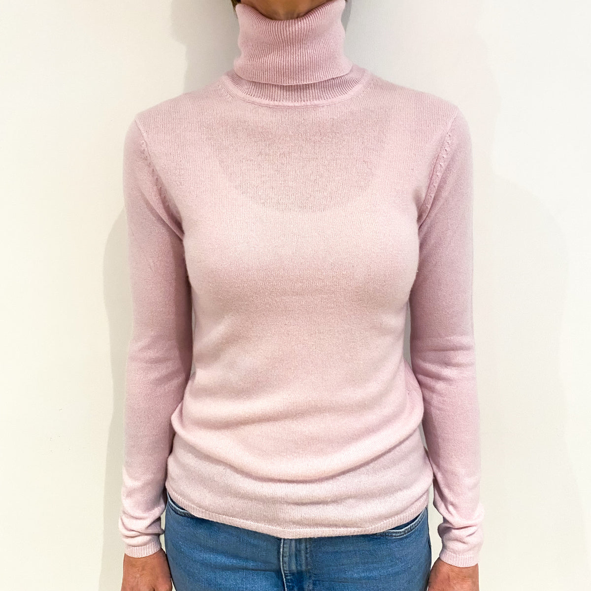 Pale Mauve Pink Cashmere Polo Neck Jumper Small