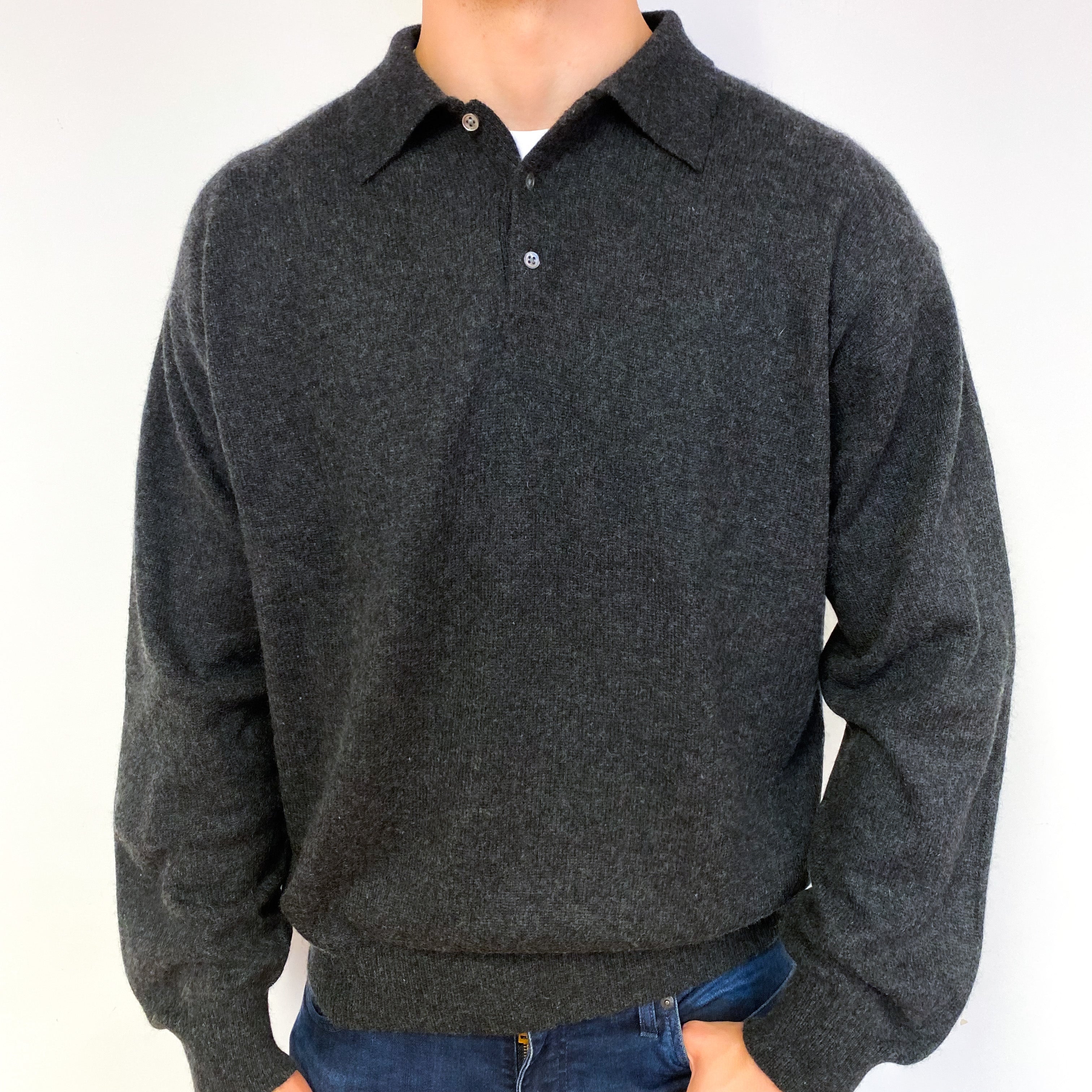 Men's Charcoal Grey Cashmere 1/4 Button Jumper Extra Large