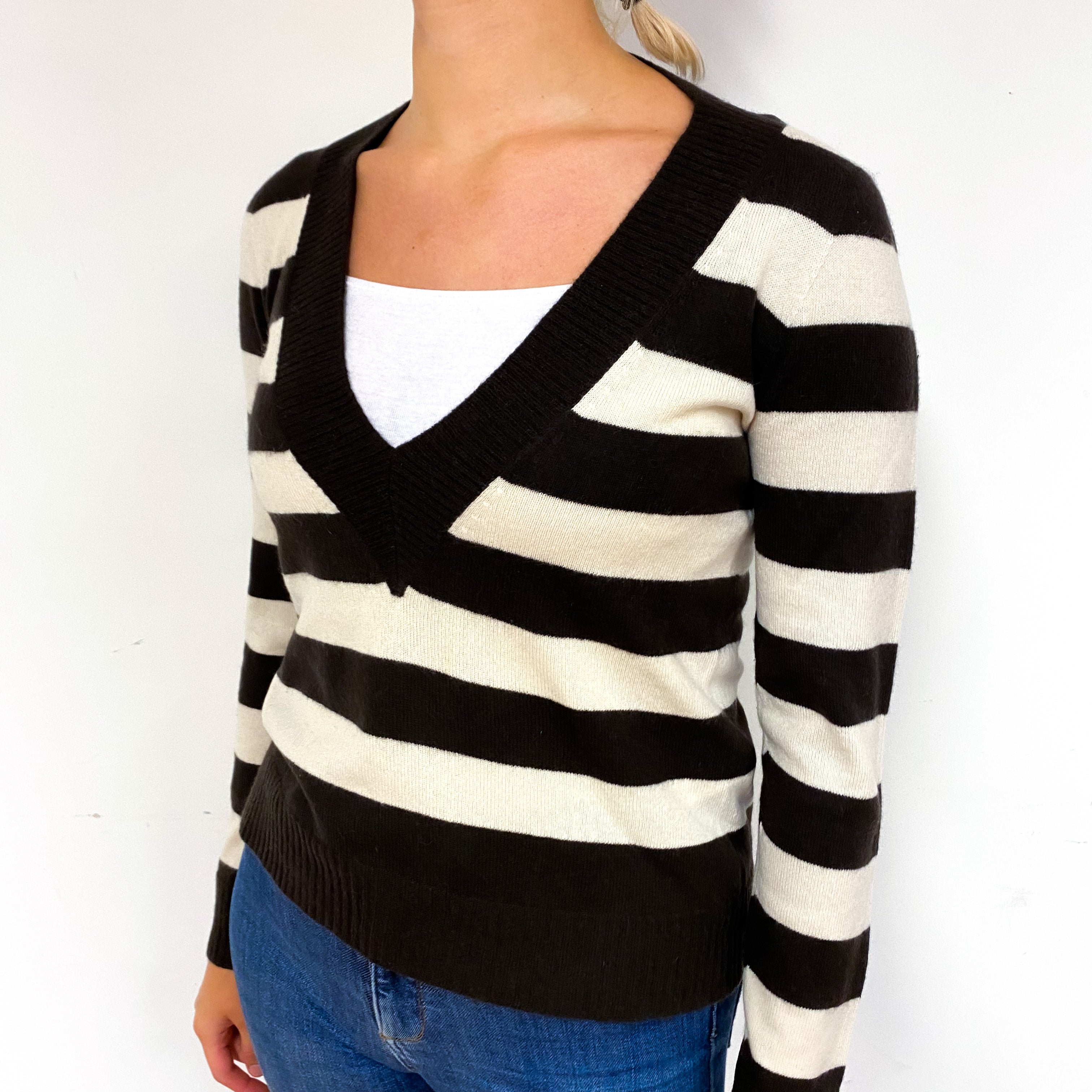 Brown Cream Stripe Cashmere Low V-Neck Jumper Small