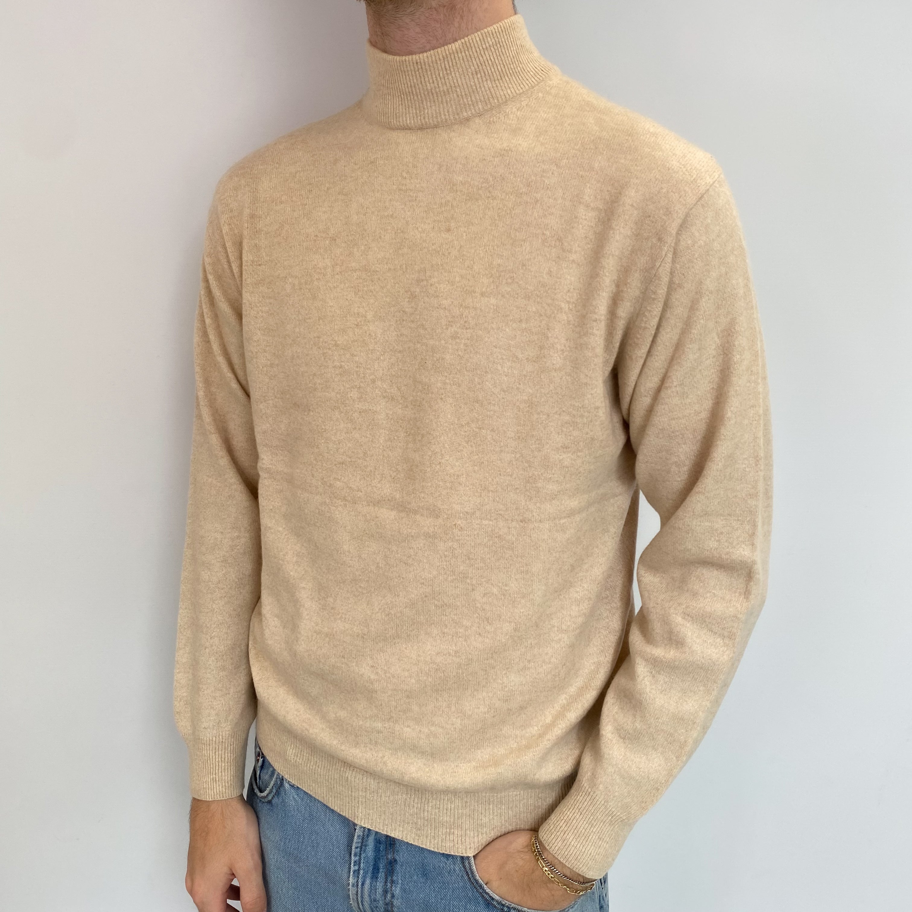 Men's Biscuit Beige Cashmere Turtle Neck Jumper Medium