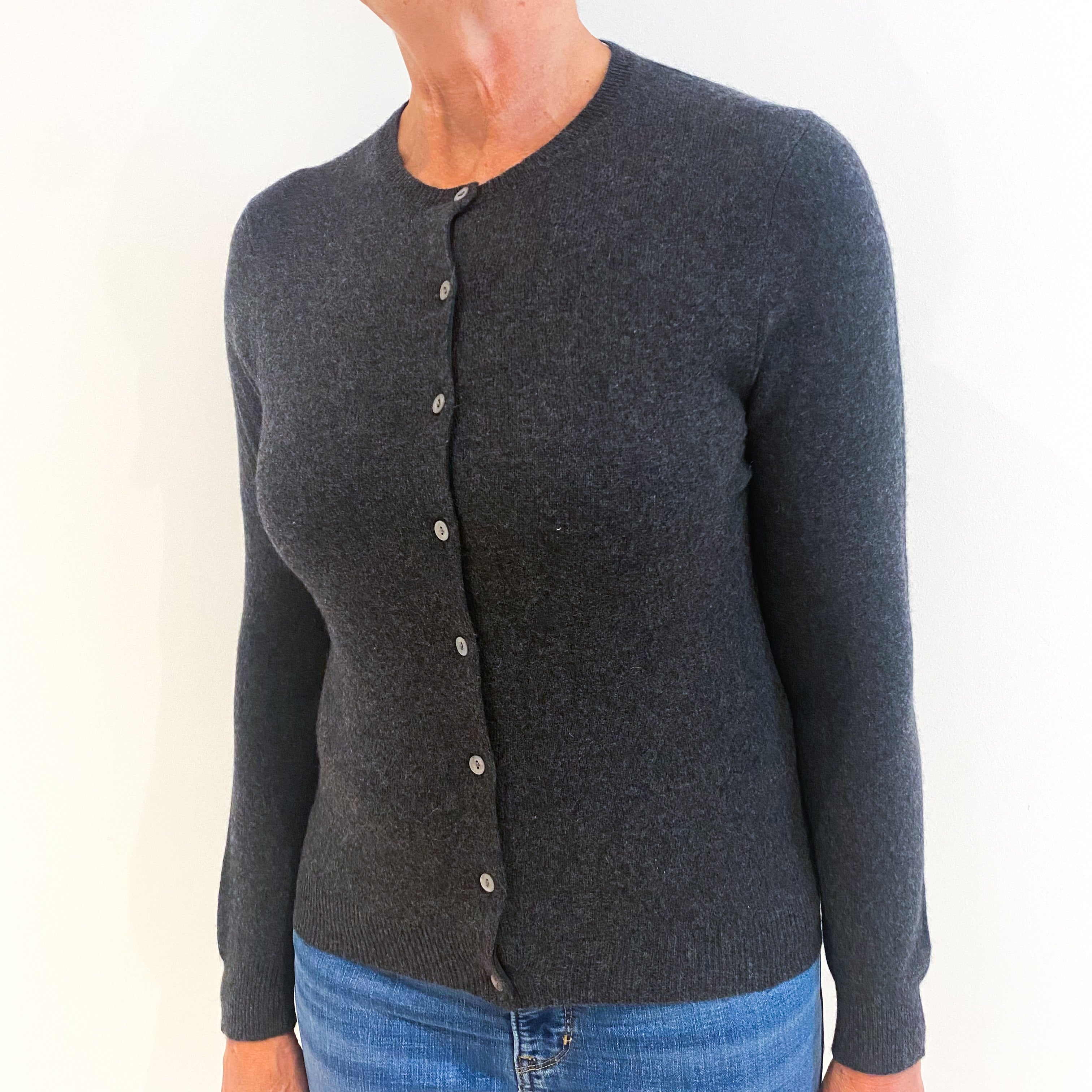 Slate Grey Cashmere Crew Neck Cardigan Medium